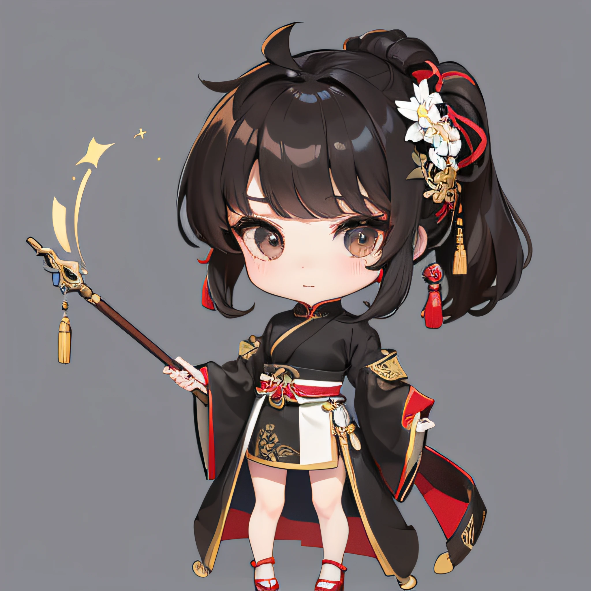 tmasterpiece、Need、(1 girl:1.1)、(tchibi:1.8),standing on your feet,Side Body,(Ancient Chinese clothes:1.2),cabelos preto e longos,pony tails,Black eyes,white backgrounid,simplebackground