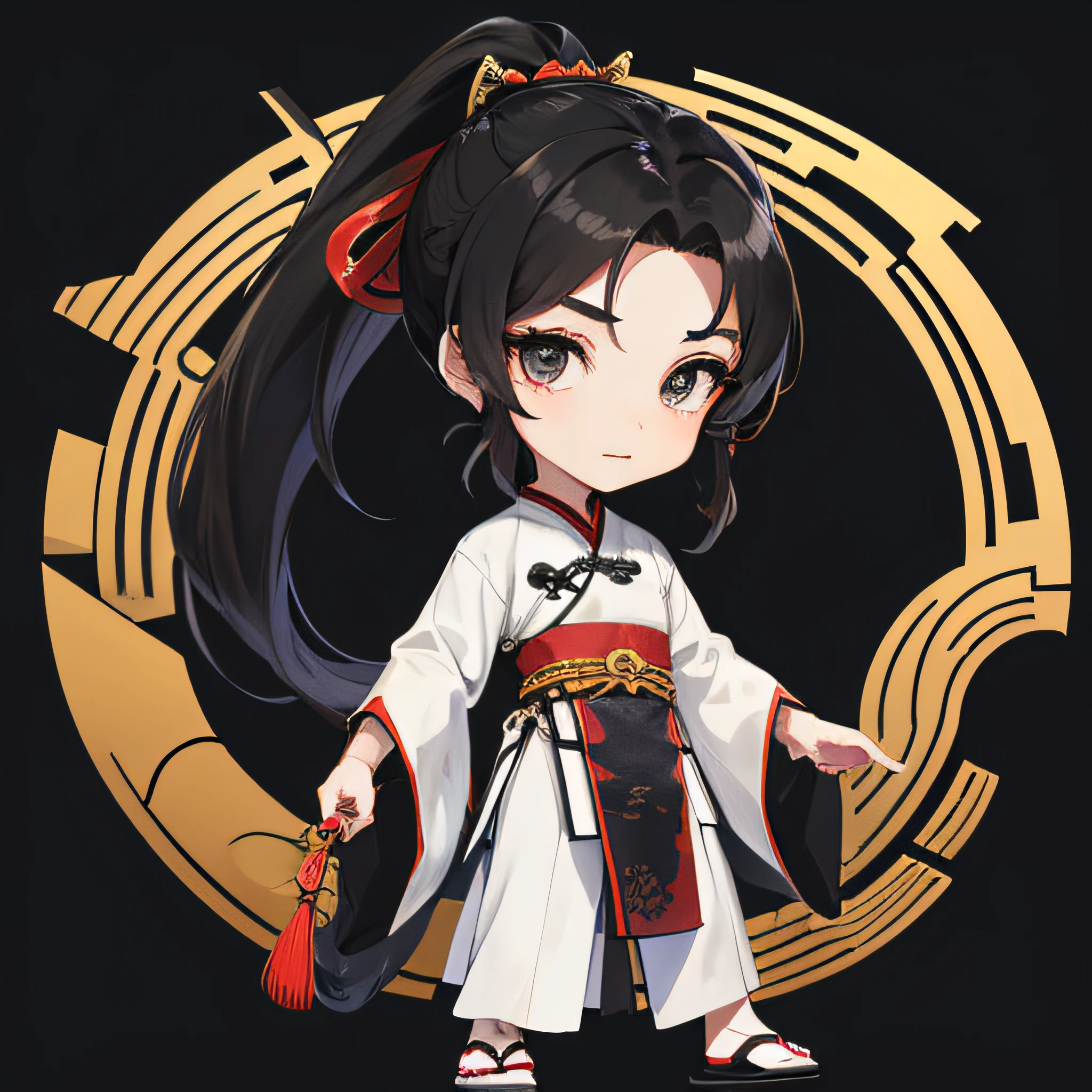 Masterpiece, Superb Piece, (1 boy: 1.8), (Chibi: 1.8), standing, sideways, (ancient Chinese clothes: 1.2), long black hair, ponytail, black eyes, white background, simple background
