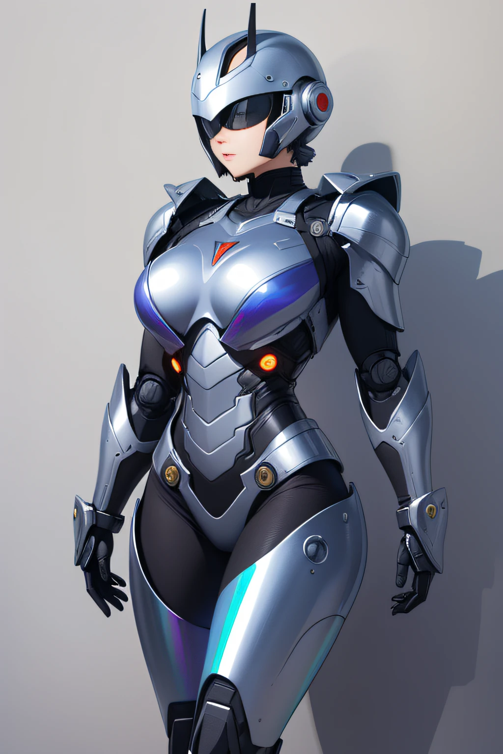 Female RoboCop、Armor that completely covers the whole body、very large chest-shaped chest armor,、Helmet to hide the eyes、Iridescent armor、Armor that completely covers the chest、Slender and long legs、Vibrant poses、full-body view