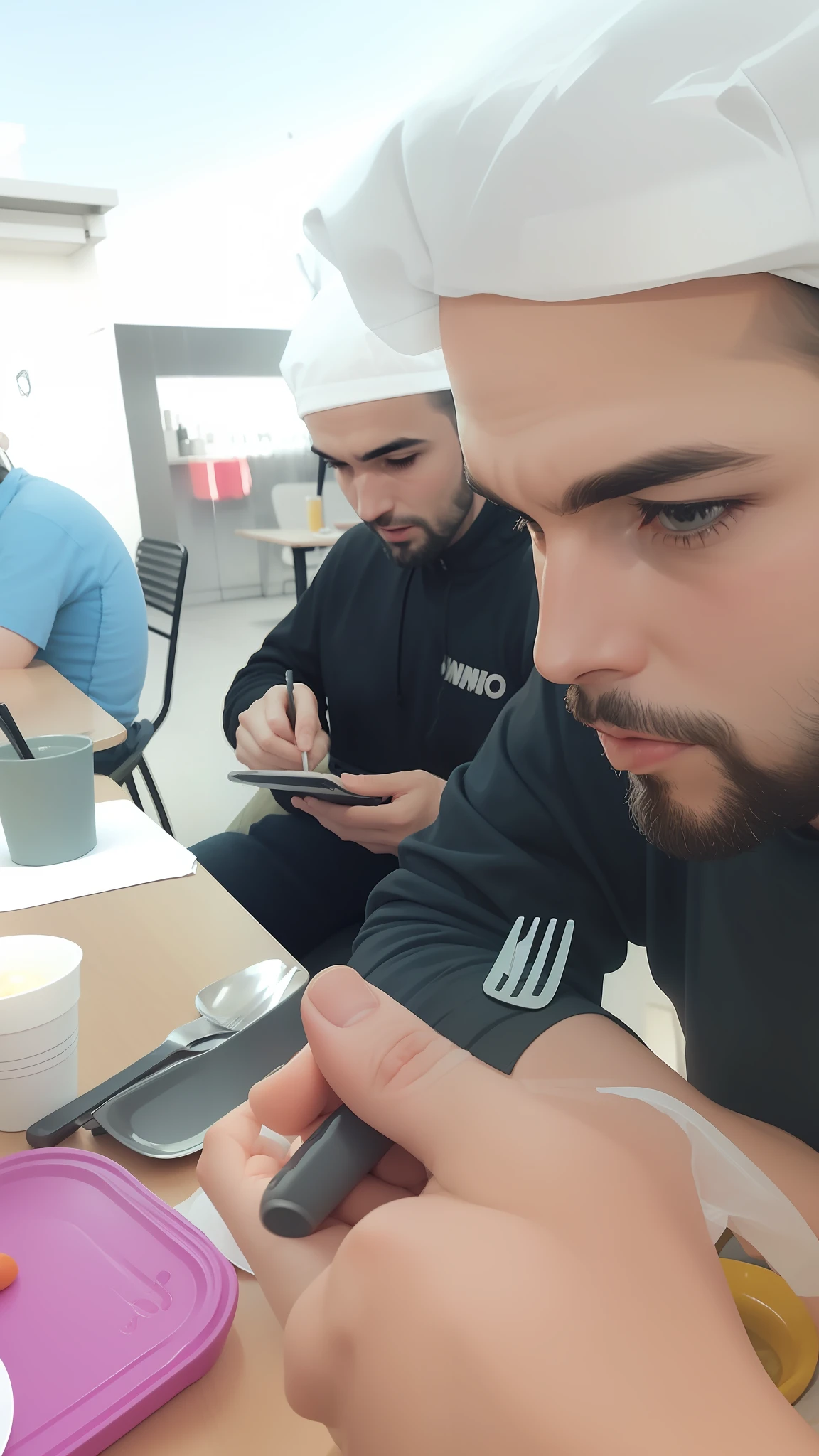 (((Obra maestra))), dos hombres,(uno comiendo),(otro mandando mensaje con su celular), escena iluminada brillantemente, colores vibrantes, enfoque en la comida y el mensaje.