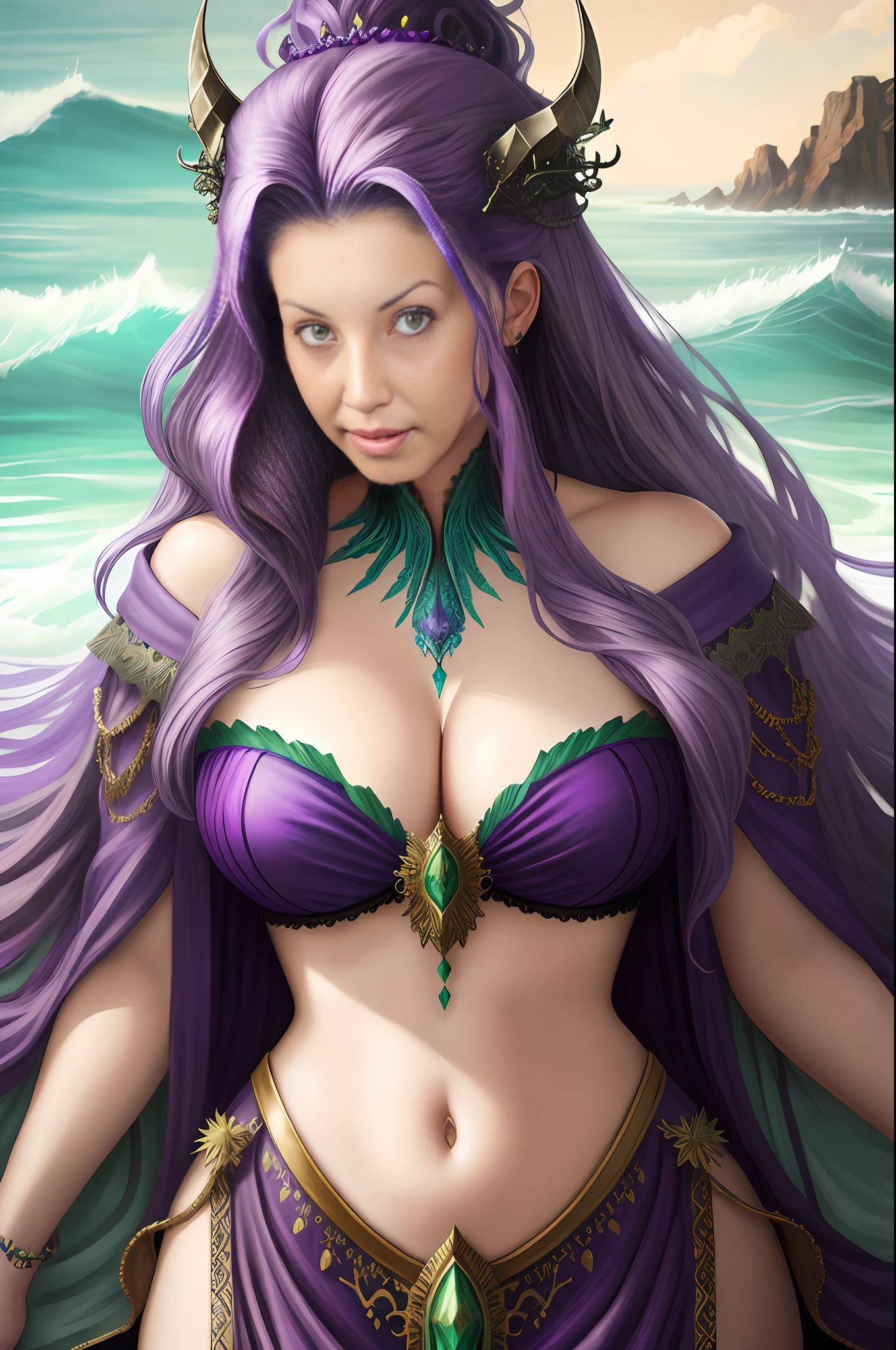 (large artwork, hyper-realistic) "majestic queen of the ocean", (purple hair, green eyes) intricate details