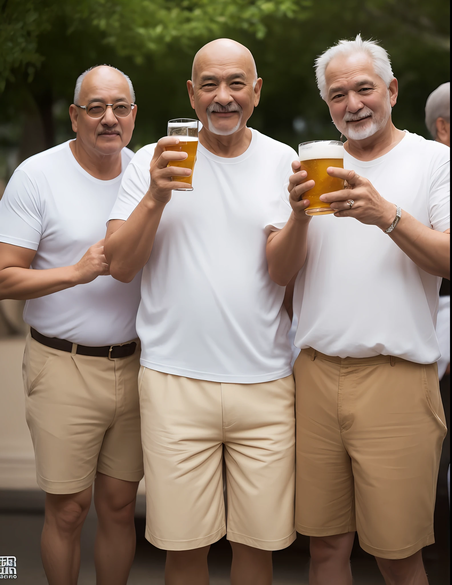 japanes、1 man、60 years old、Uncle、Baldness in the bangs、Funny face、Wearing a loose white T-shirt、Beige shorts on the lower body、fat figure、chubby、drinking beer、Top image quality、8K、