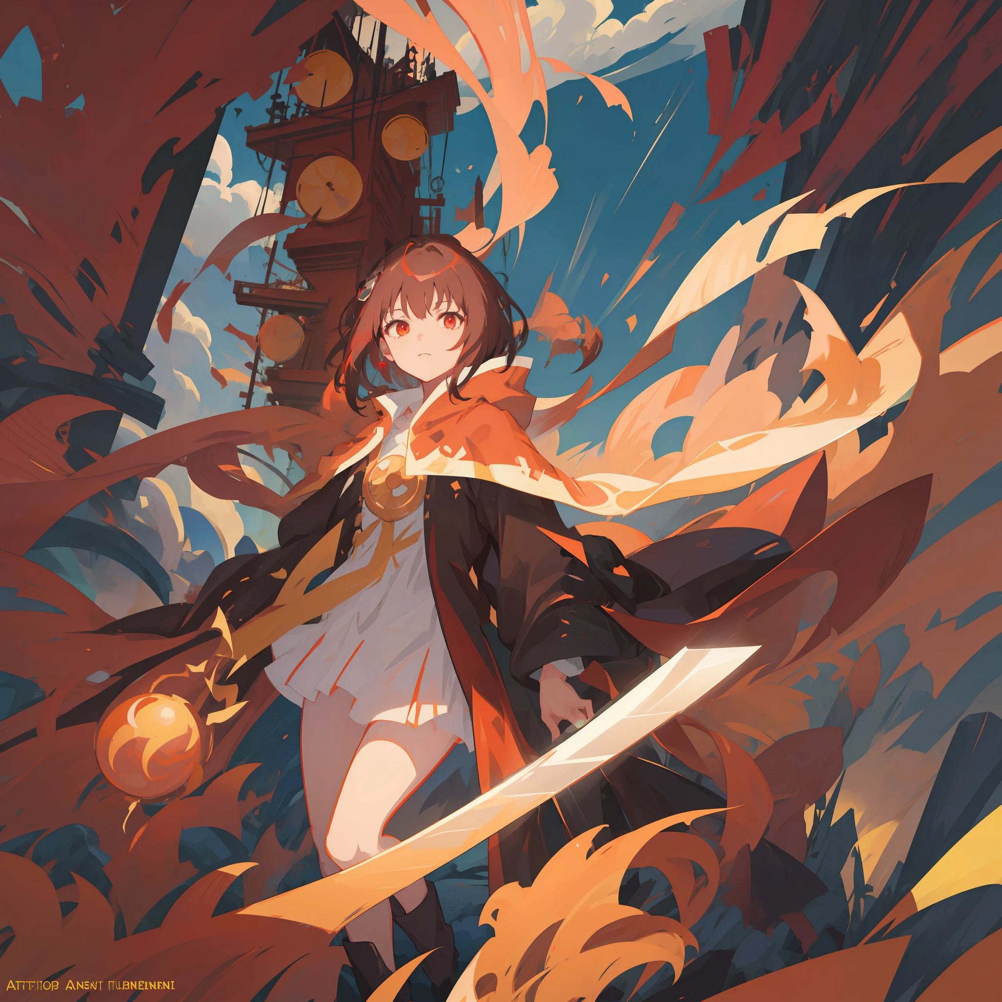 anime girl with a sword and a cape in the sky, concept art by Yang J, pixiv contest winner, fantasy art, demon slayer rui fanart, artgerm and atey ghailan, flowing hair and long robes, anime fantasy illustration, demon slayer artstyle, black - haired mage, half invoker half megumin, digital anime illustration，brunette color hair