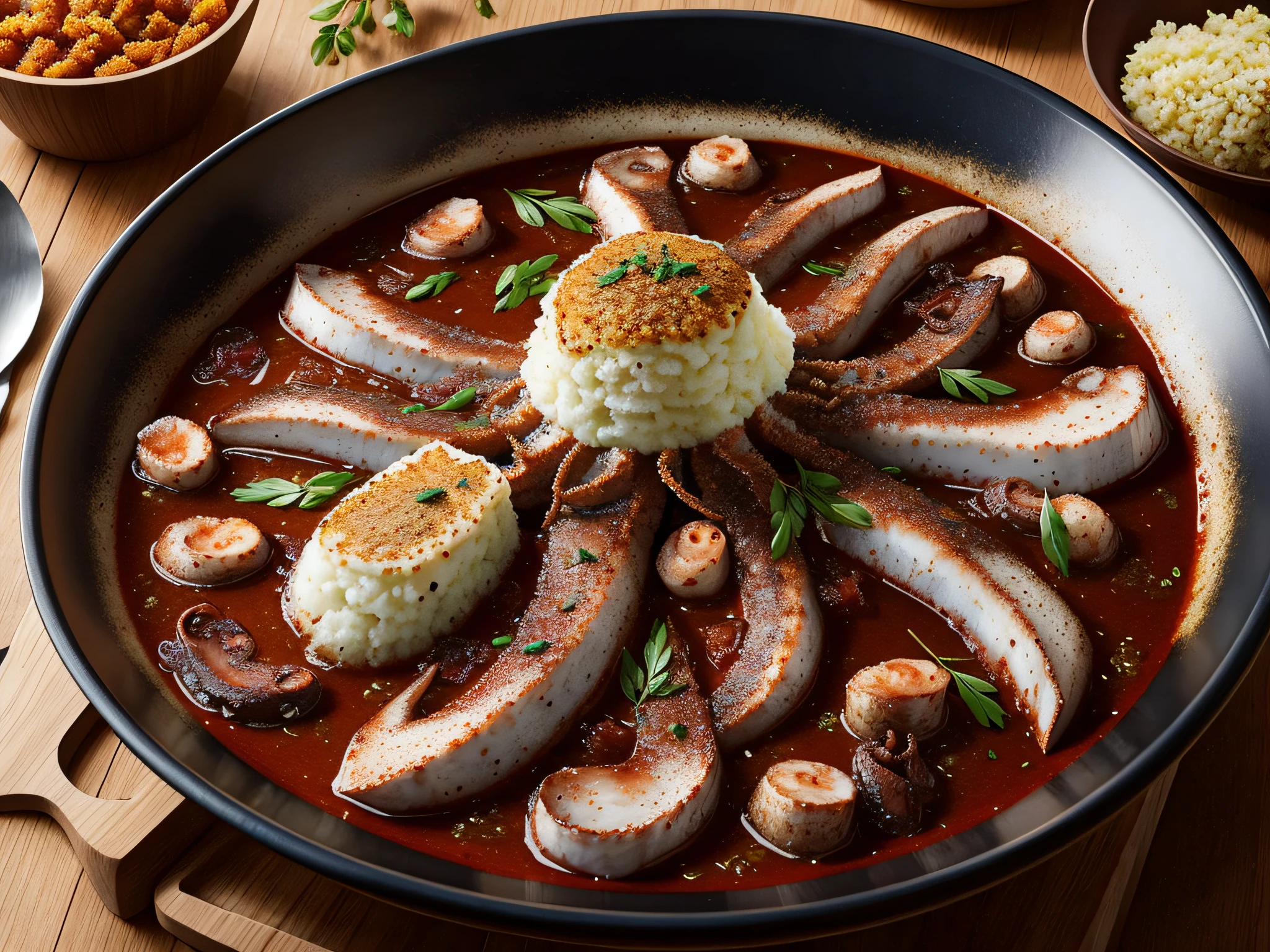 Pulpo a la gallega en una vasija de barro en plano comensal, primer plano, calidad gourmet --auto