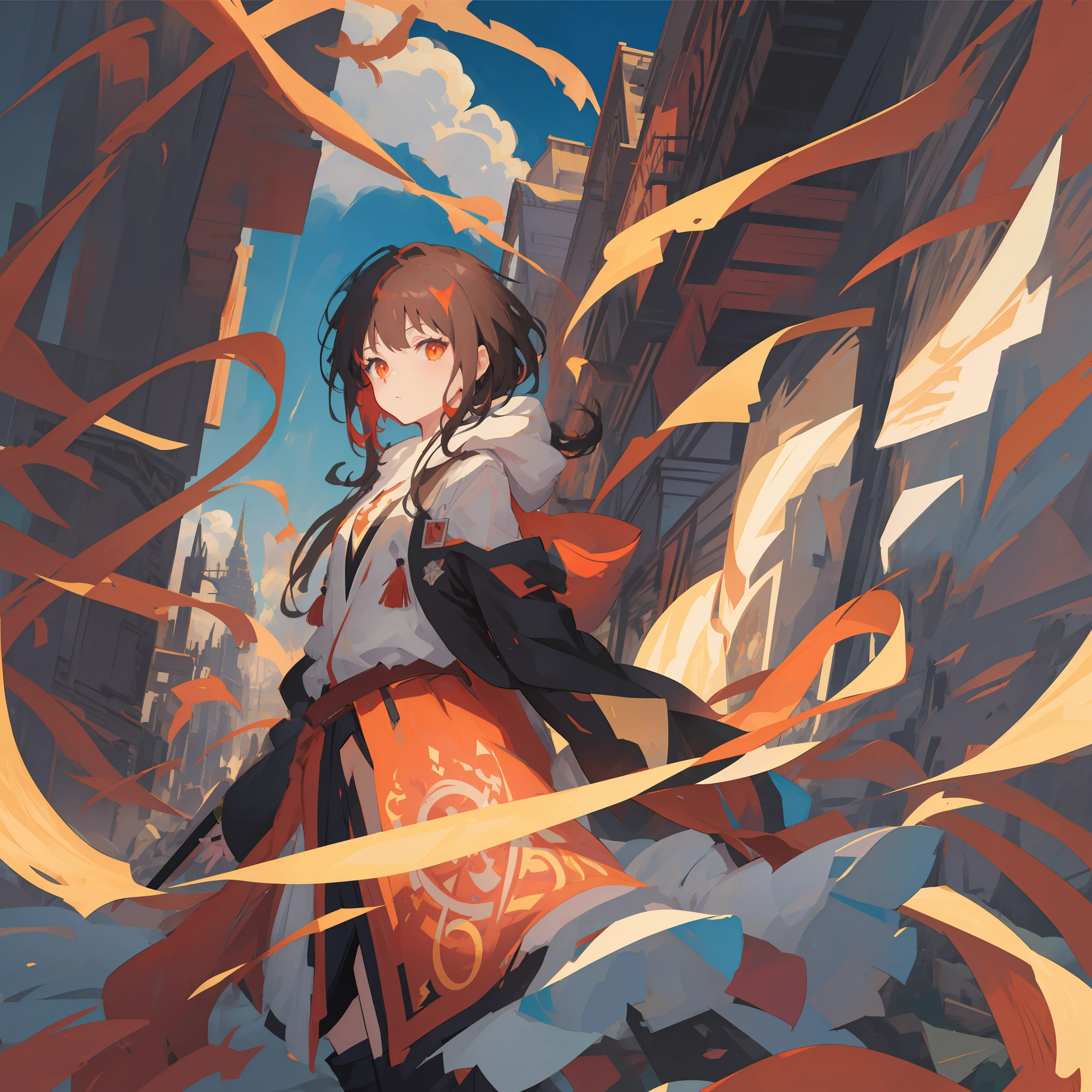 anime girl with a sword and a cape in the sky, concept art by Yang J, pixiv contest winner, fantasy art, demon slayer rui fanart, artgerm and atey ghailan, flowing hair and long robes, anime fantasy illustration, demon slayer artstyle, black - haired mage, half invoker half megumin, digital anime illustration，brunette color hair