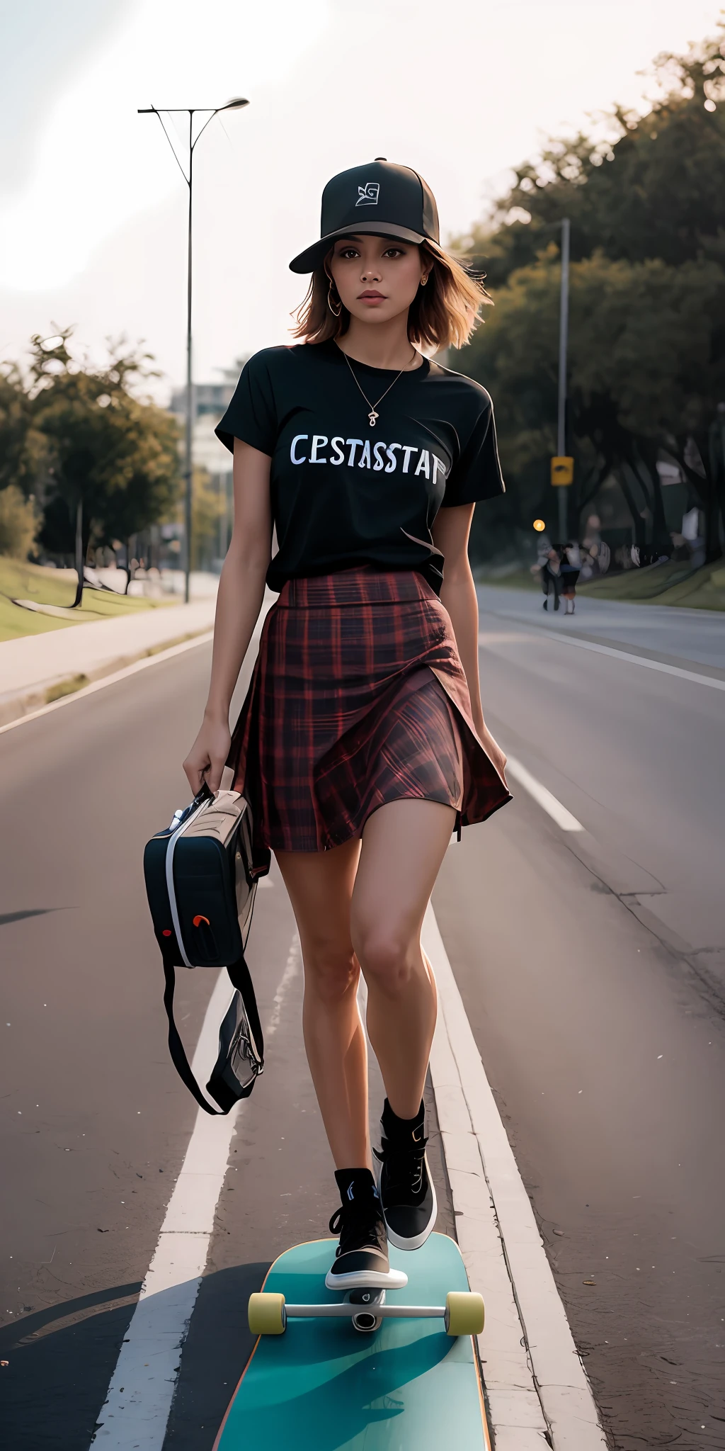 Mulher skateboarder, bonita, linda, cabelo longo, corpo inteiro, em roupa de skateboarder e ((skirt)), (pernas a mostra), do lado de fora na rua, ((magro, pequeno)), fotografiarrealista, fotografia, obra-prima, realista, Realismo, renderizado, Alto contraste, arte digital, fotográficorealista, trend in Artstation 8k HD, High definition, circunstanciado, Realistic;, detalhada, textura da pele, hiperdetalhada, Textura realista da pele, armadura, melhor qualidade, ultra high-resolution, (fotografiarrealista: 1.4), alta resolução, detalhada, fotografia crua, sharp re, By Lee Jeffries Nikon D850 Film Stock Photography 4 Camera Kodak Portra 400 Lens F1.6 colors rich hyper realistic texture dramatic lighting unrealengine trend in artstation cinestill 800, .RAW.
