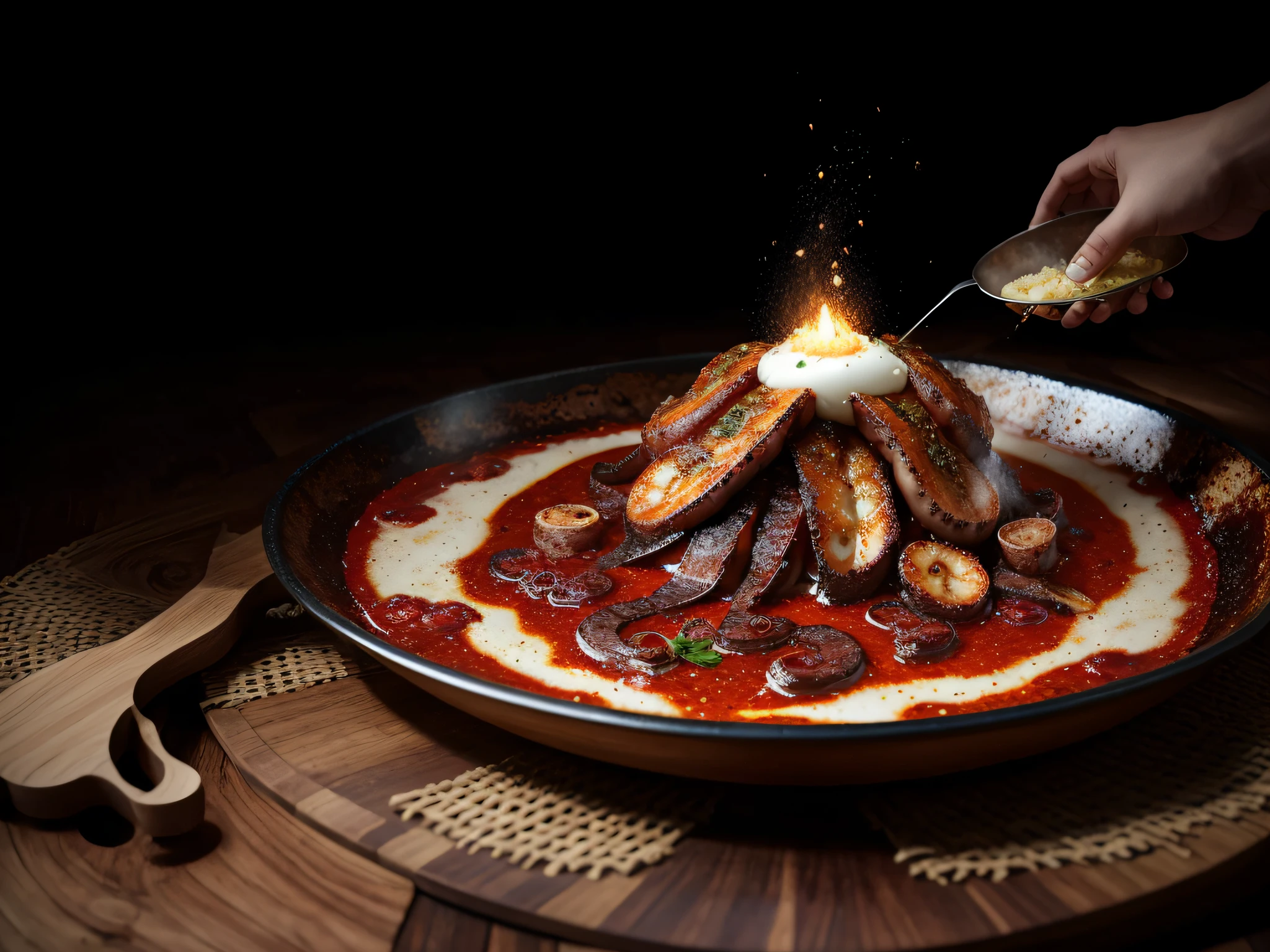 Pulpo a la gallega en una vasija de barro en plano comensal, primer plano, calidad gourmet --auto