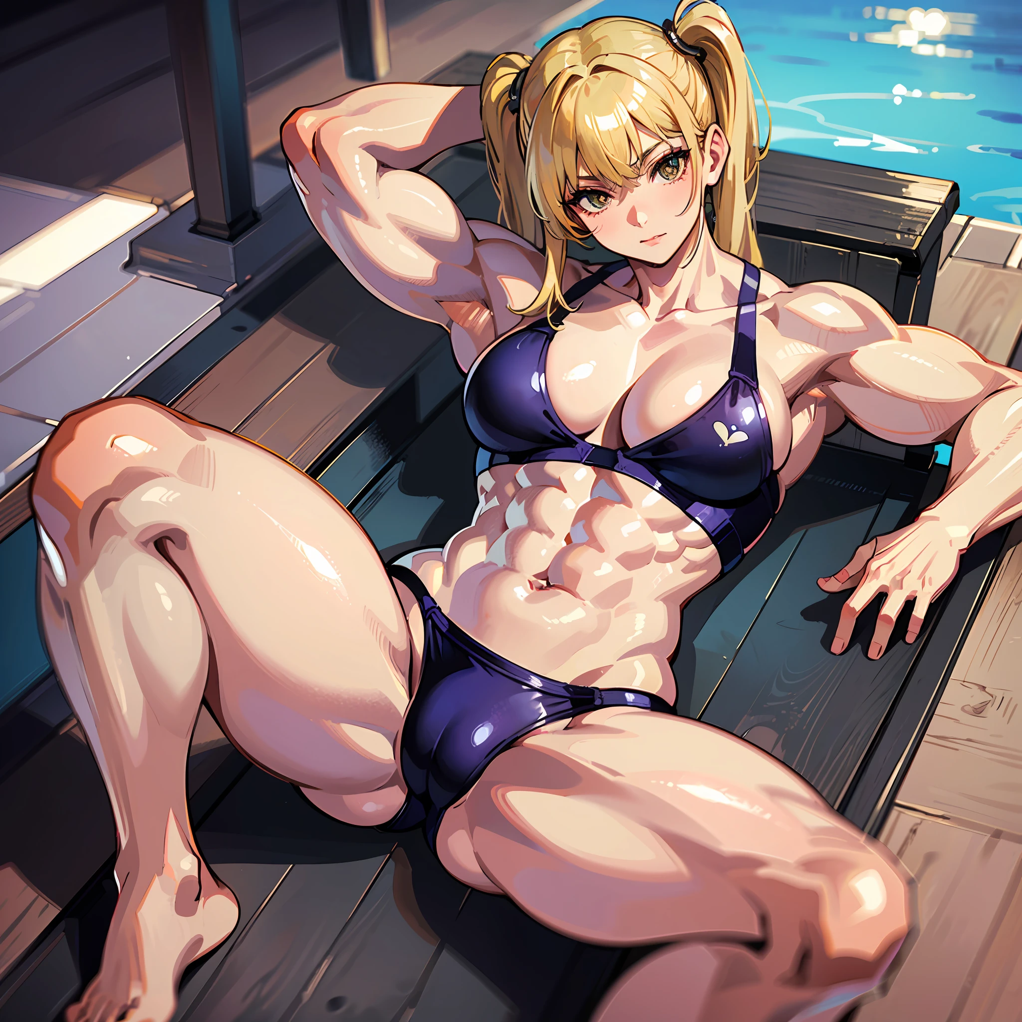 ((​masterpiece))、((Top image quality))、((top-quality))、(((Illustration of one woman)))、(((Muscle Girl)))、full body Esbian、((30-years old))、((neuter))、((Blonde twintails))、Light golden eyes、((Long body))、(((Muscular and strong body)))、((Split abs))、(((muscular and thick arms)))、(((muscular and thick legs)))、((manspreading))、((Sports Swimwear))、Sitting on a deck chair、in poolside