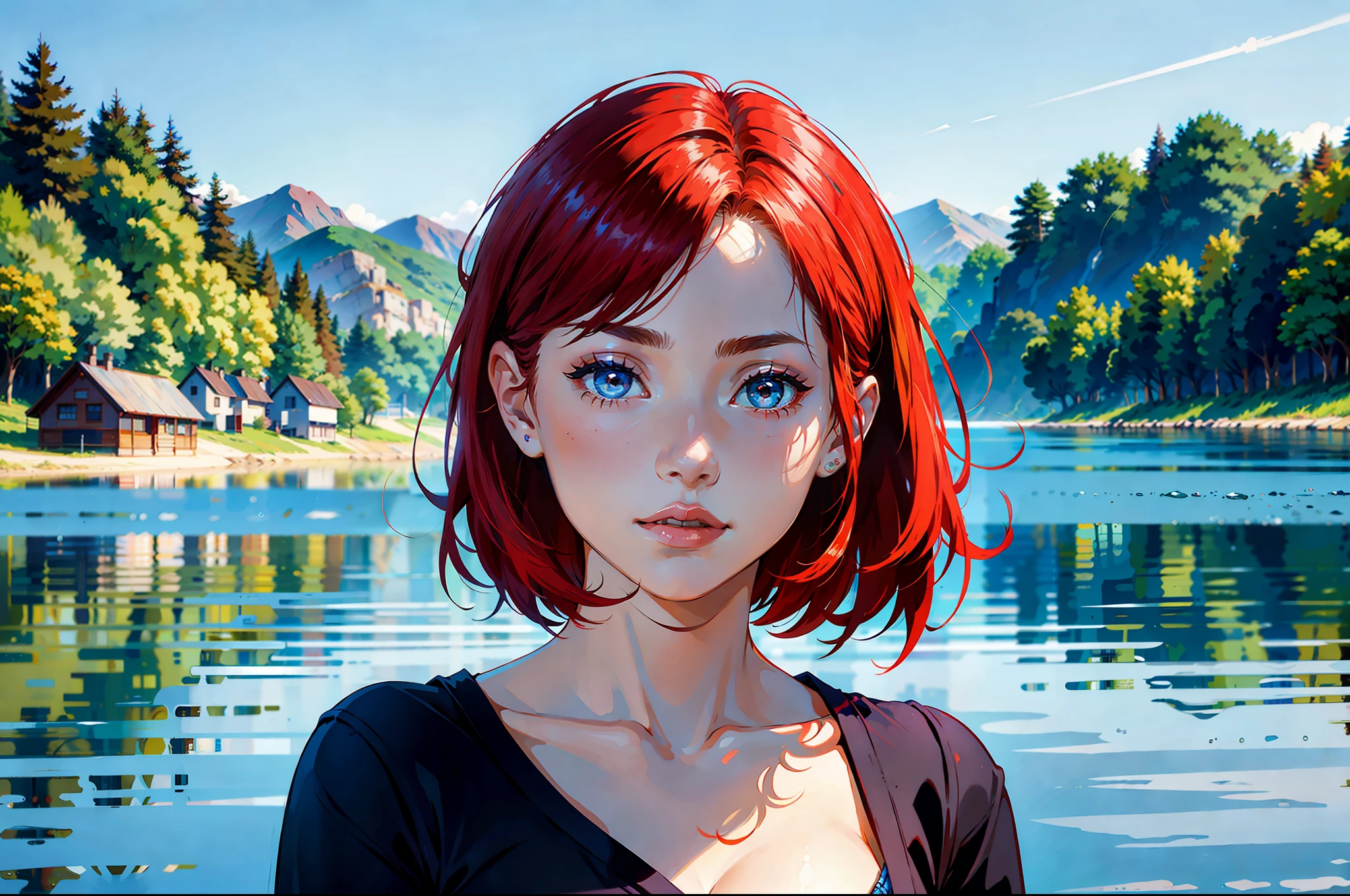 there is a young woman with a short hair and a blue shirt, a redheaded young woman, perfectly centered portrait, 7 0 mm portrait, red haired young woman, 4 k asymmetrical portrait, head centered portrait, landscape