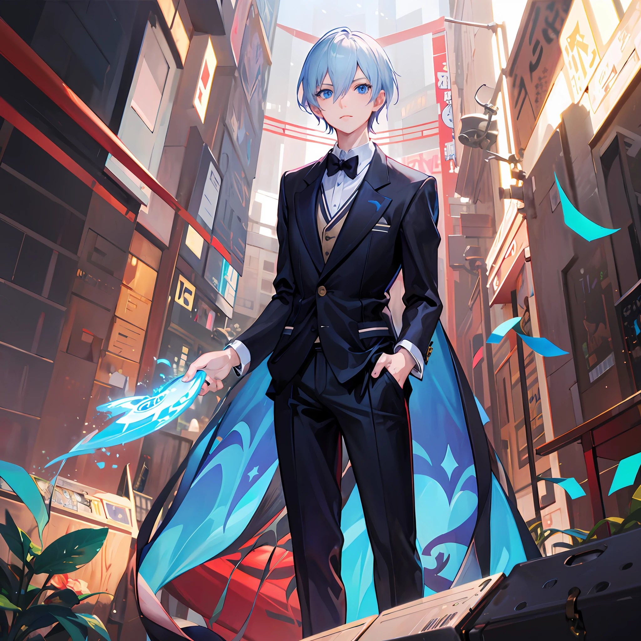 Anime man in a tuxedo,There is a blue rose on the lapel, anime key visual of elegant, Tall anime guy with blue eyes, Key anime art, key visual, key anime visuals, wallpaper anime blue water, zerochan art, anime wallaper, official character illustration, offcial art, Detailed key anime art, fate grand order, shigenori soejima illustration, 2 b