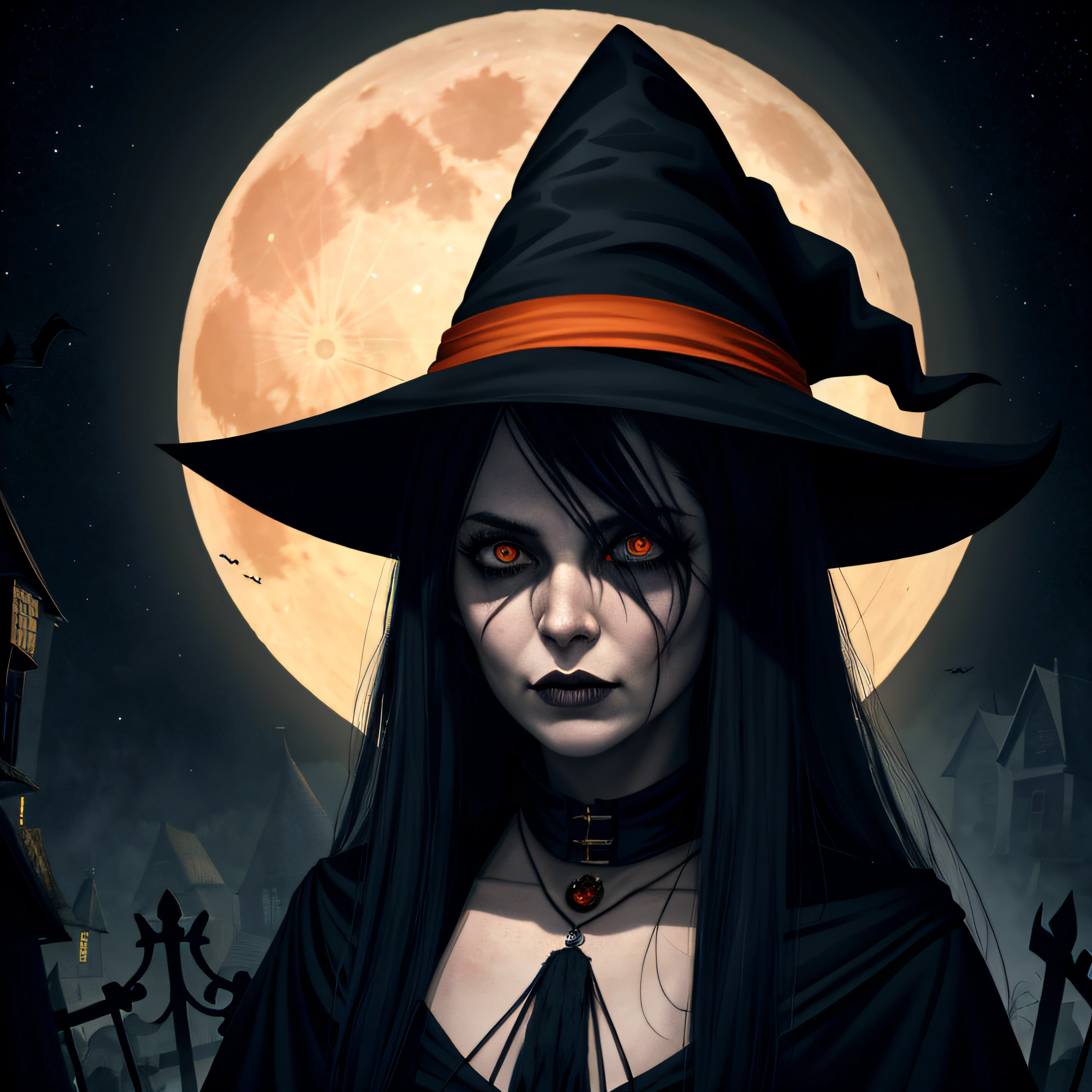 highres, best quality, concept art, official art, portrait, A witch in front of a full moon, Halloween, digital painting, horror, dark, scary, moody, artstation, pixiv, by Ekaterina Savic and Barret Frymire