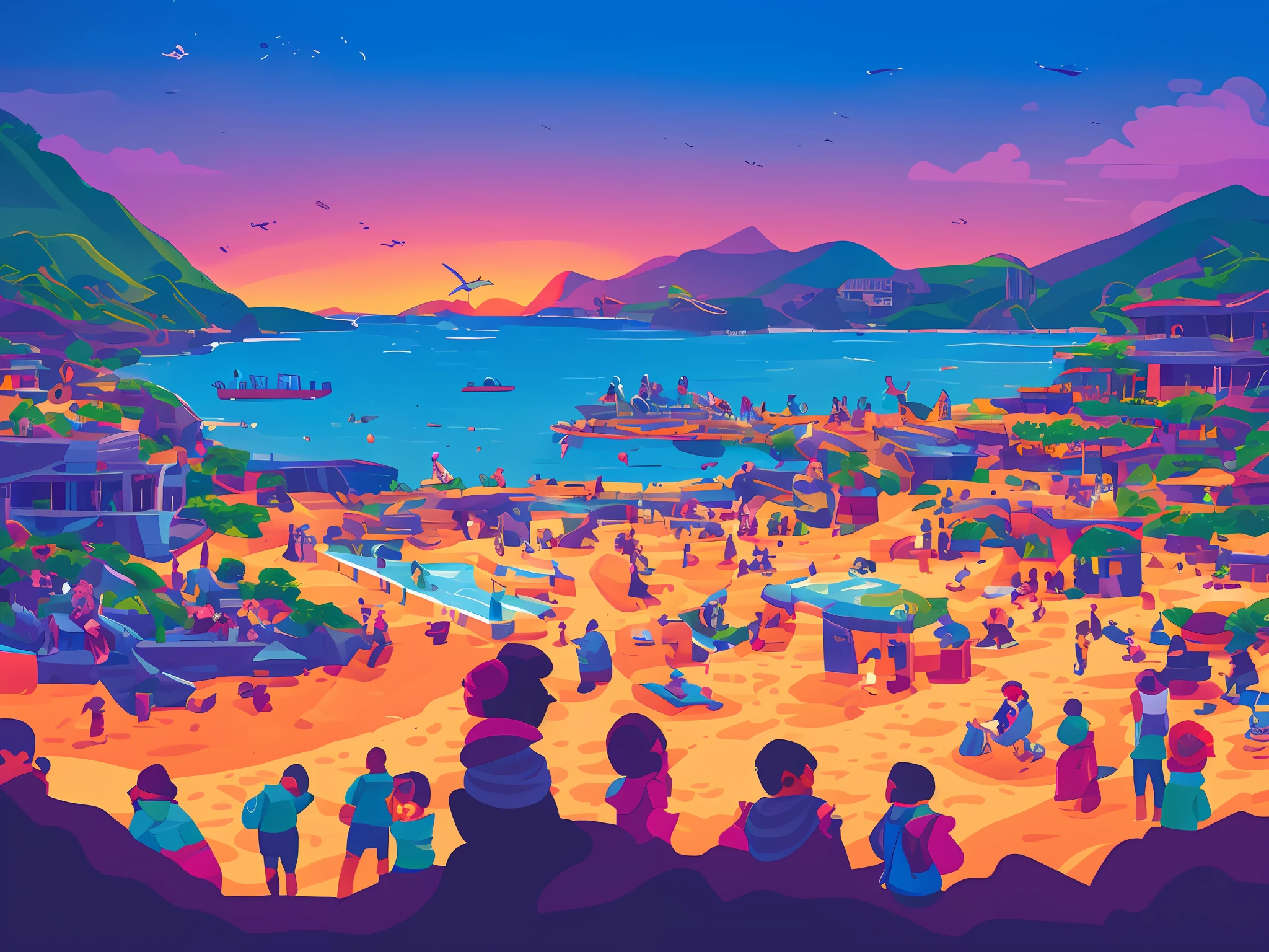 城市,beachside,skyscrapper,eventide,with people coming and going,modern day