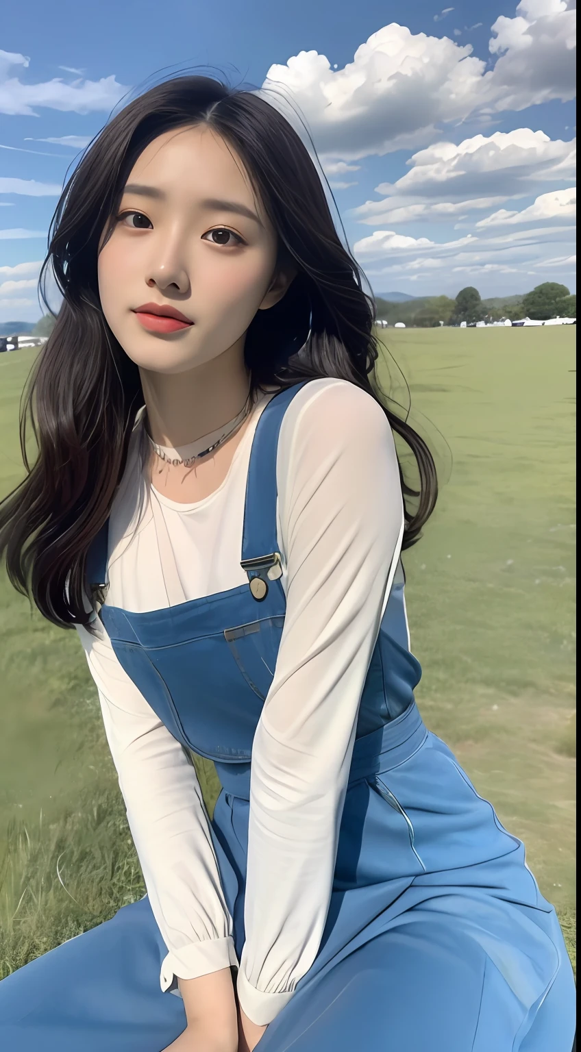A beautiful and cute girl, Full body photo, an extremely beautiful and delicate, Black hair, Dolce, delicate beautiful fair skin, Realistic and realistic, exquisite and complete facial features, detailed face depiction, High Nose Bridge, flowing silky hair, extremely delicate hair, soft temperament, Face Light, tall, Thin, Real, hyper realstic, full-body lens, forward tilt angle, ultimate picture quality, Highest precision, precise and perfect human body structure. Blue sky and white clouds, sitting on the grassland, Blue sky and white clouds, Sunshine, Cows and sheep, (suspenders, long  skirt)