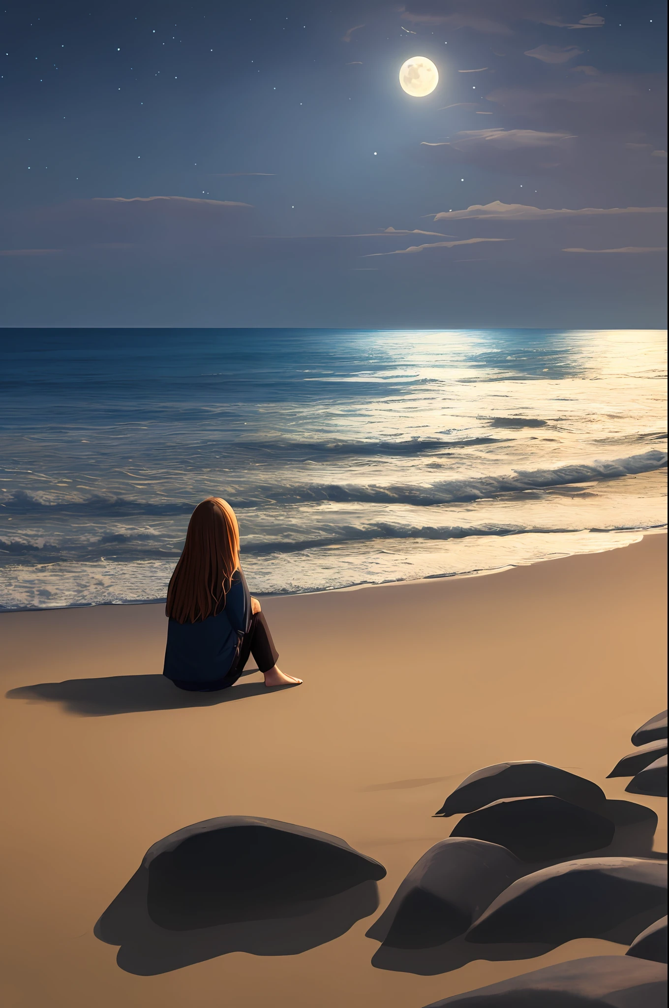 "(Ultra realistic), (dark themed), girl sitting alone at the beach under moonlight."