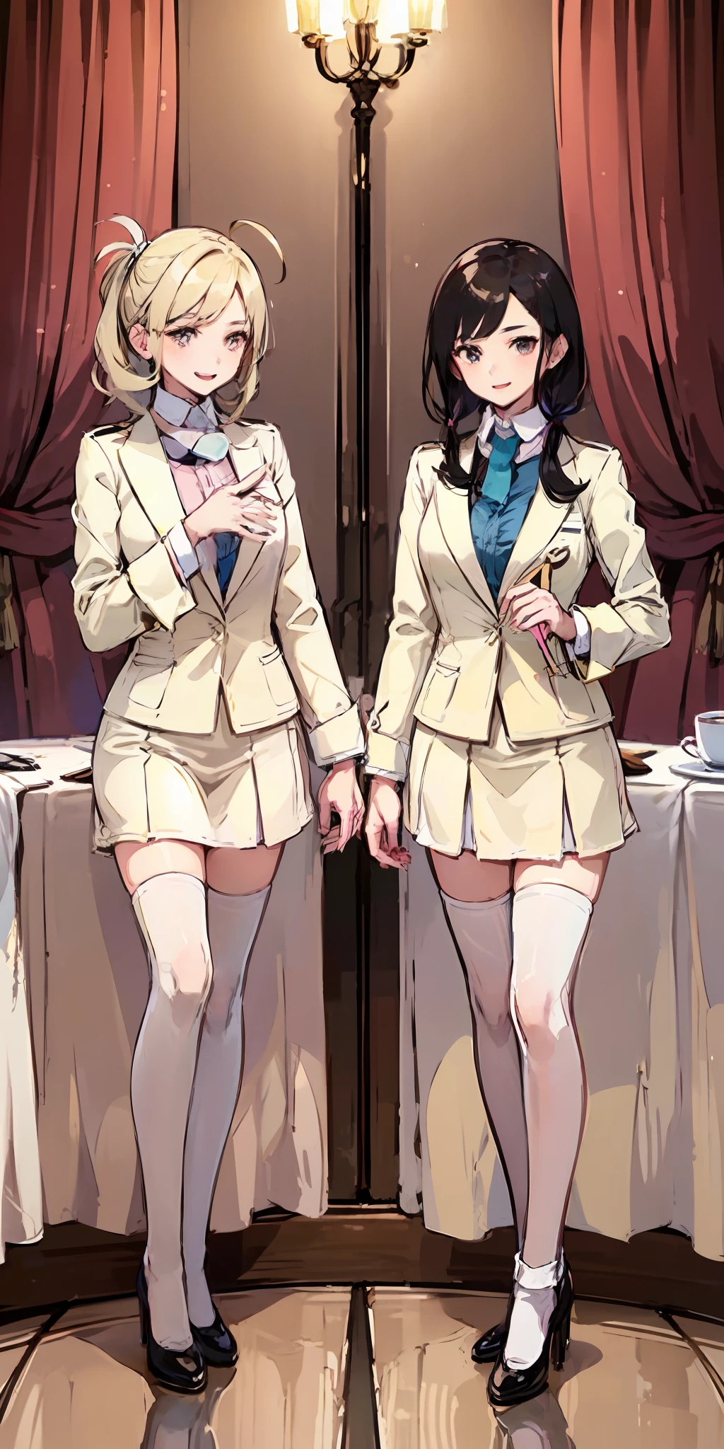 ((Masterpiece, highres)), 2girls, duo, twins, ((one brown haired girl, one blonde girl)), long hair, curly hair, matching hairstyles, different hair color, confident, elegant, rich girls, proud smiles, matching faces, hazel eyes, same size busts, (((matching outfits, identical outfits, pink school uniforms, sexy school uniforms, white thighhighs, long white socks, black high heels))), standing at attention, shoulder to shoulder, same pose, mansion