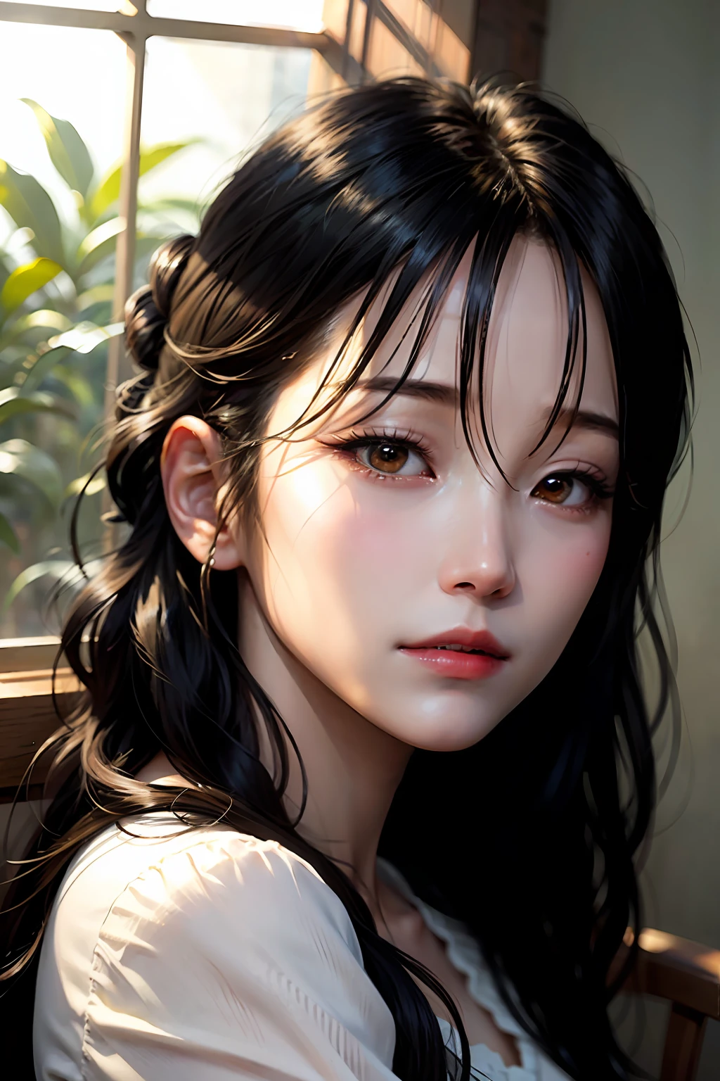 1girl, solo, realistic, black hair, portrait, looking at viewer, black eyes, lips, closed mouth, hair between eyes, masterpiece,  (photorealistic:1.3), window, sunlight, from side