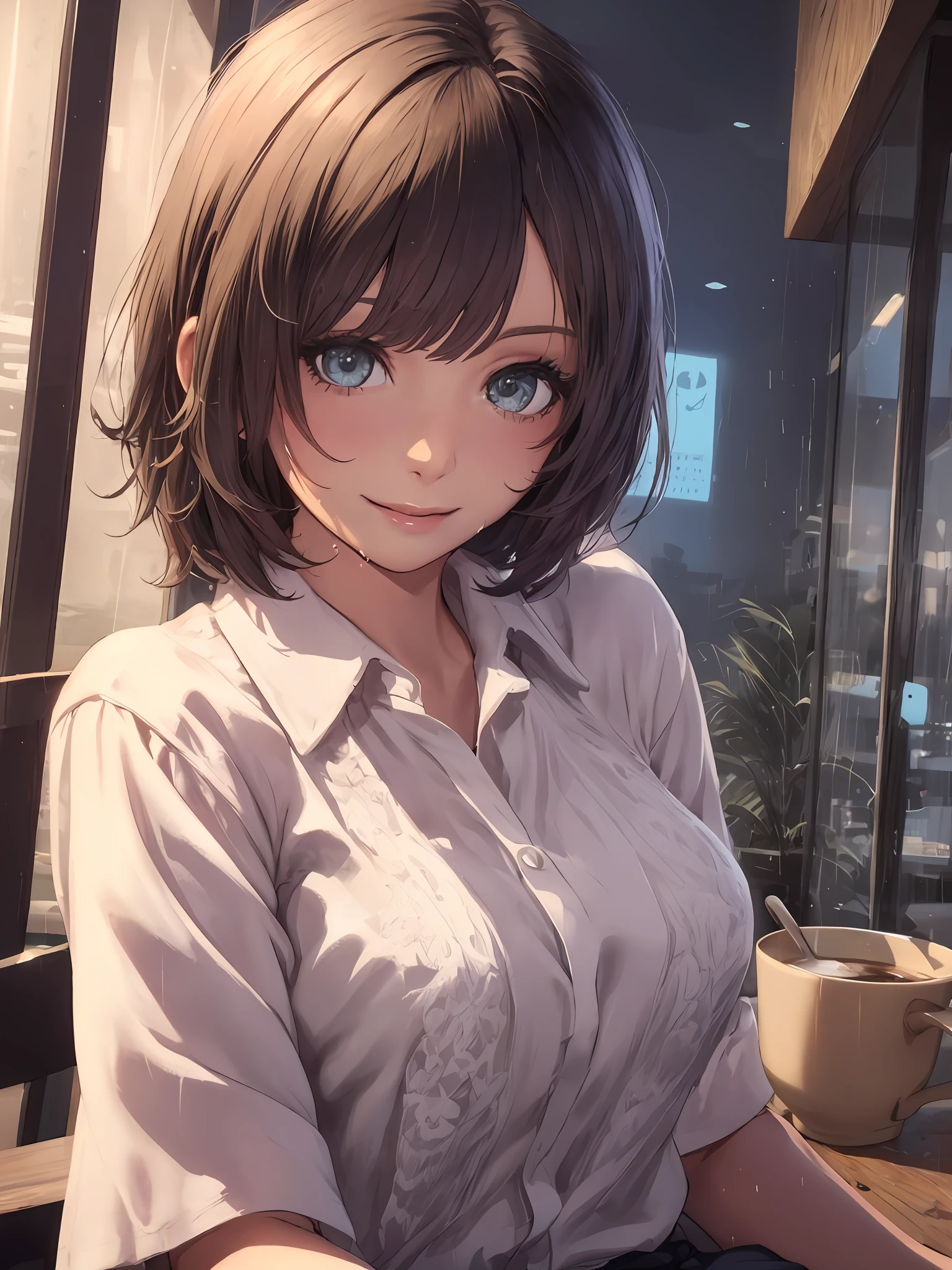 (64K,UHD,
best quality, masterpiece:1.2), (realistic, photo-realistic:1.37), ultra-detailed, 1 girl, cute, solo, beautiful detailed sky, detailed cafe, night, sitting, dating, (nose blush), (smile:1.15), (closed mouth) small breasts, beautiful detailed eyes, (collared shirt:1.1), night, wet, business attire, rain, white lace, (short hair:1.2), floating hair NovaFrogStyle, topless,