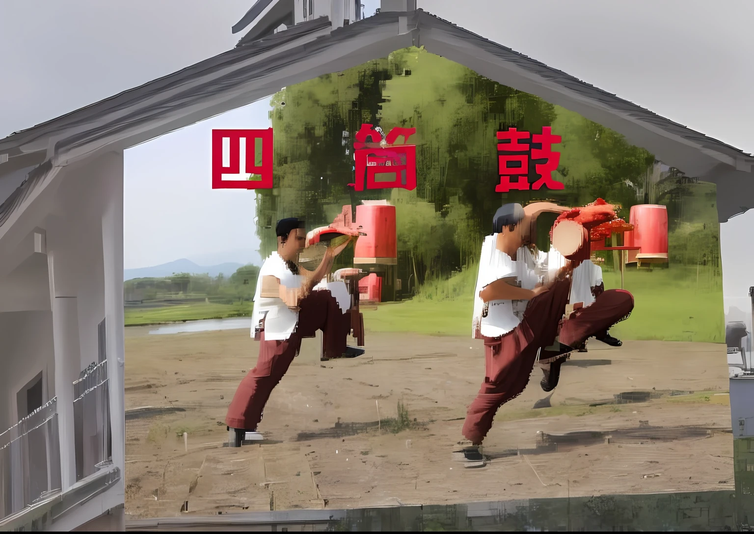 Four men,In front of the rice paddies,Plays drums,Countryside view,with blue sky and white clouds