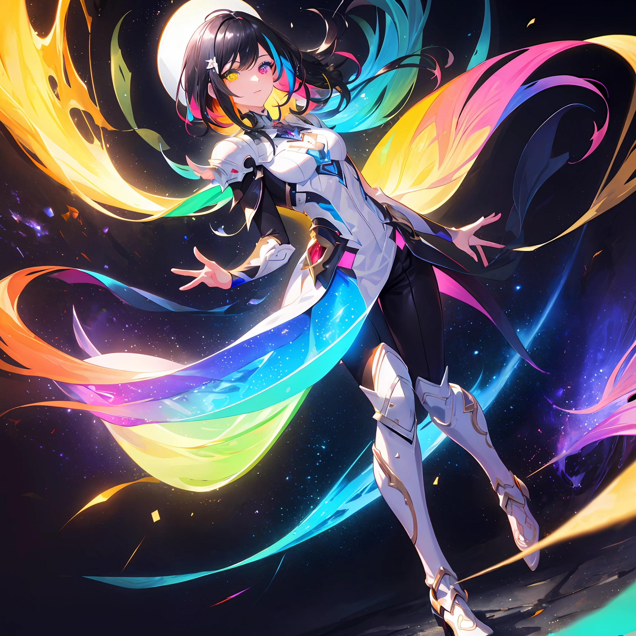 {a man wearing white armor with white cape fighting}}, {{masterpiece}}, best quality, extremely detailed CG unity 8k wallpaper, cinematic lighting, lens flare, beautiful detail eyes, full body, black, multicolor hair, colorful light particles, heterochromia, (colorful:1.5), (colorful hair:1.5),