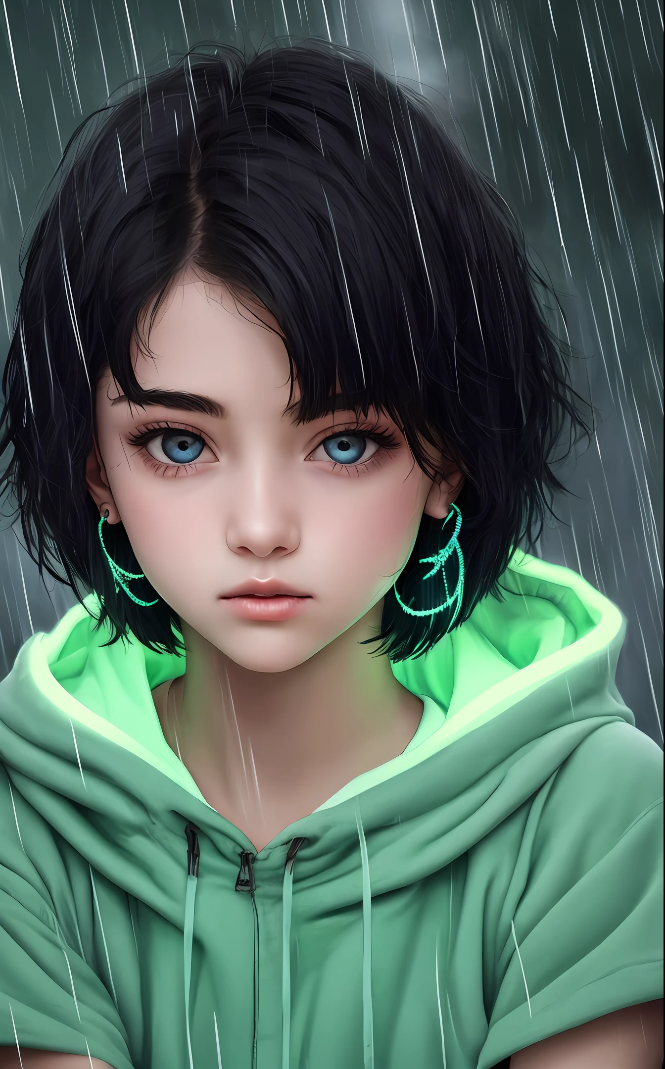 1 teenage girl，with short black hair，green pupills，Calm eyes，Glowing earrings，The upper part of the body，Extremely delicate eyes，Extremely perfect face，under rain，quadratic element，meticuloso，tmasterpiece，
