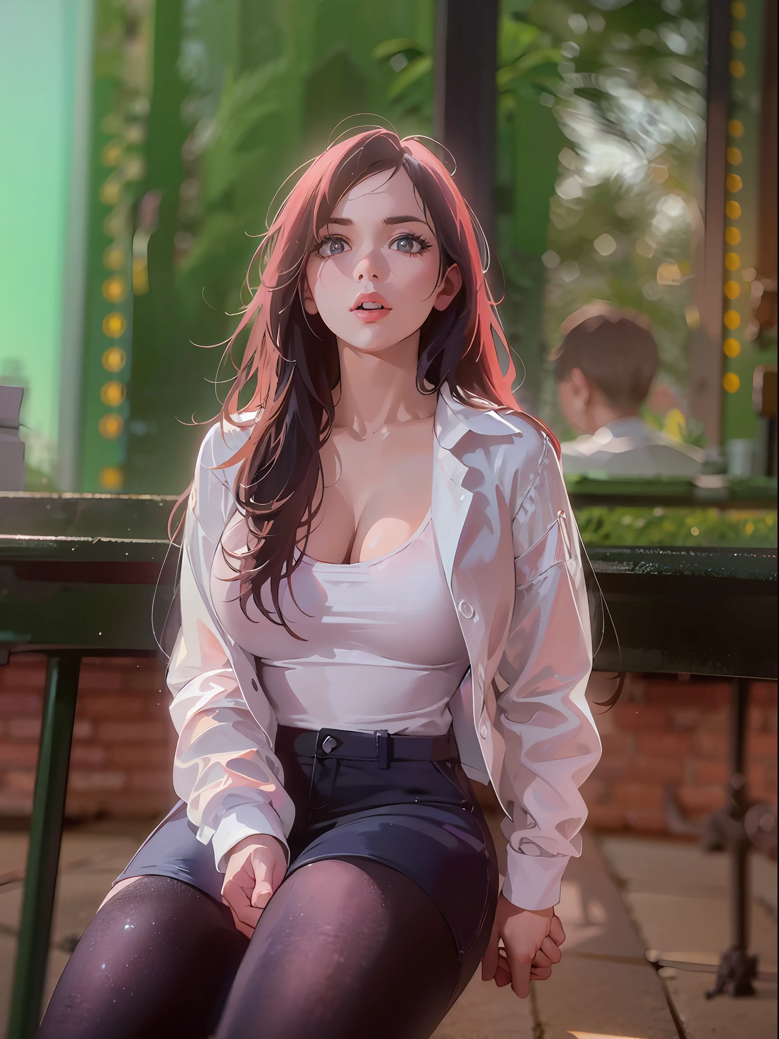 500R,((an woman sitting )),bright background,masterpiece,best quality,super detailed,high resolution,very detailed,8k uhd, (fidelity, fidelity: 1.5) , realistic, (natural light), (bokeh: 1.5), (depth of field), bokeh background, amazing, fine detail, best, high quality, RAW photo, pureerosface_v1,