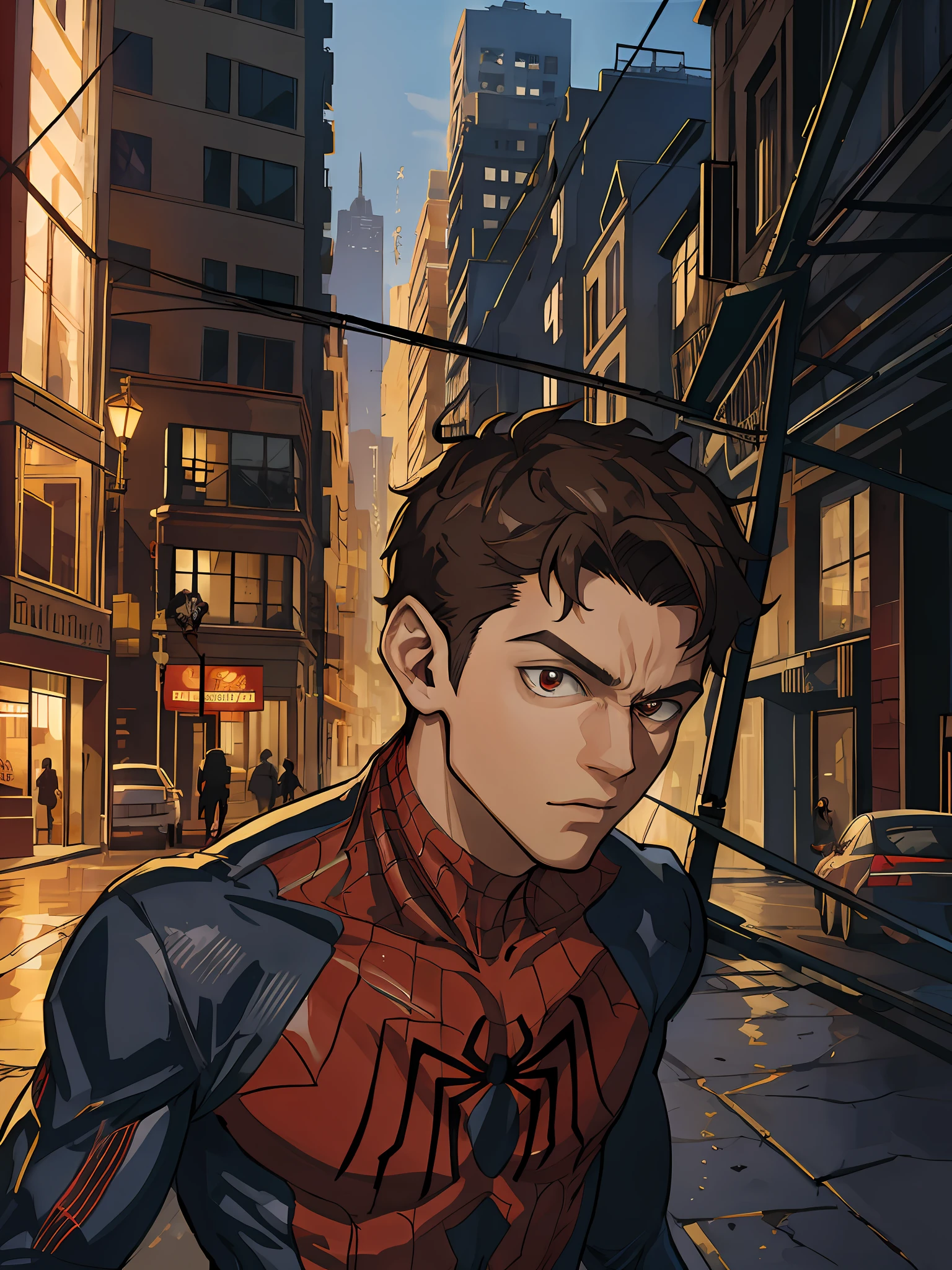 Spider - Man on a city street with buildings and a car, Pedro Parker, Retrato do Homem-Aranha, spider - estilo de arte verso, Peter Parker como Homem-Aranha, fan art, aranhaverso, fanart requintada altamente detalhada, aranha - homem, Homem-Aranha, Miles Morales, sem texto, no aranhaverso, Miles Morales!!!, Arte Oficial, Aranha altamente detalhada - Man