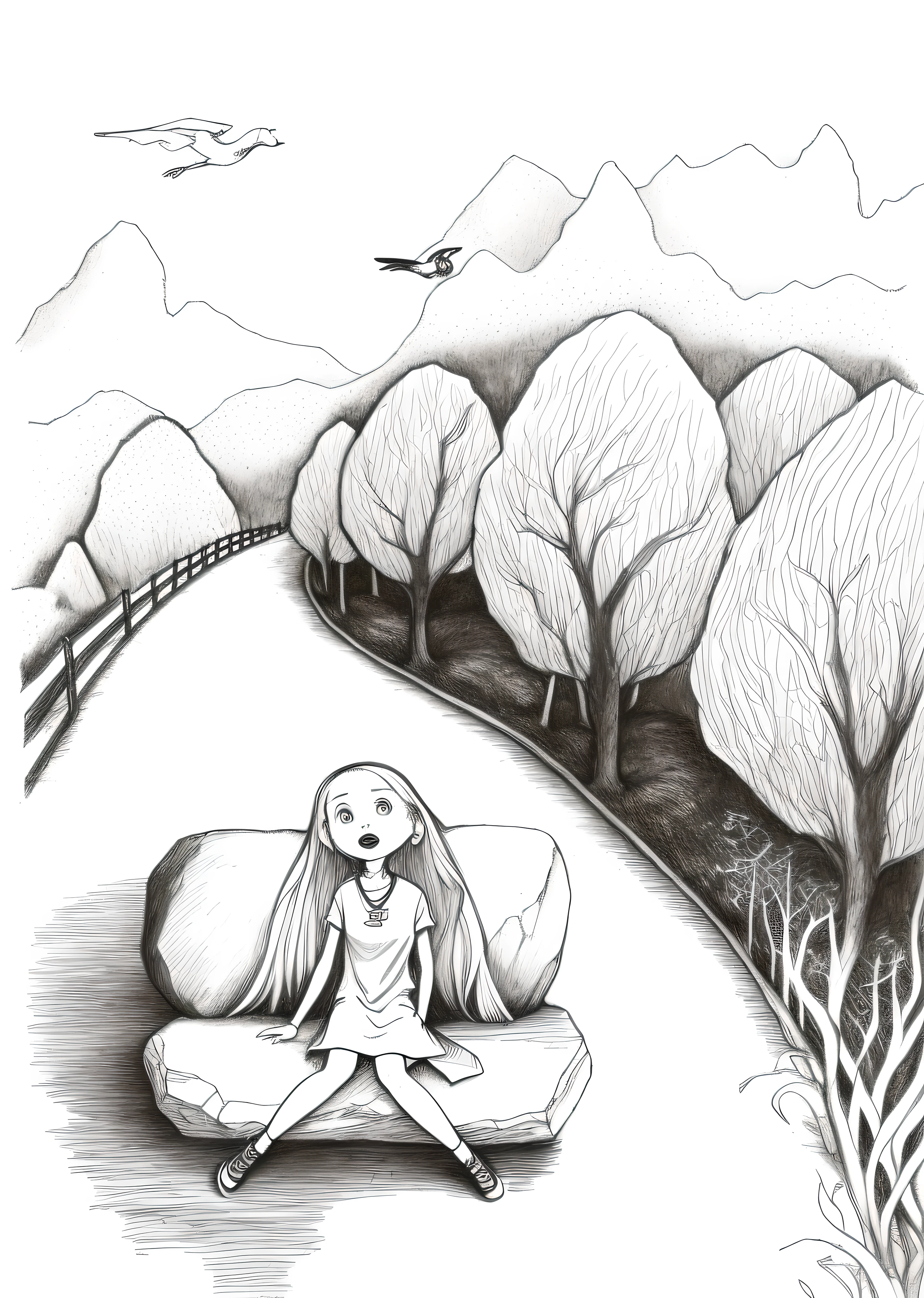 Draw a woman sitting on a rock,A bird in his hand, pen and ink illustration, Black and white illustration, inspired by Alfred Kubin, pen and ink illustration, pen and ink illustration, pen - and - ink illustration, pen and ink illustration, sketch of a lucid dream, artwork about a road to freedom, Douglas Smith, monochrome drawing