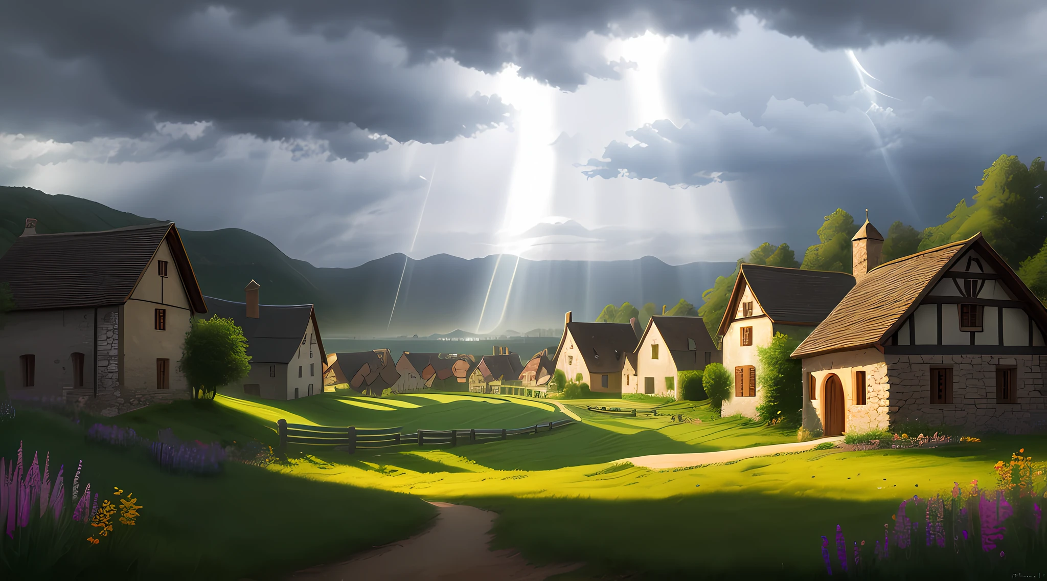 medieval village, meadow, approaching storm and some rays of light
