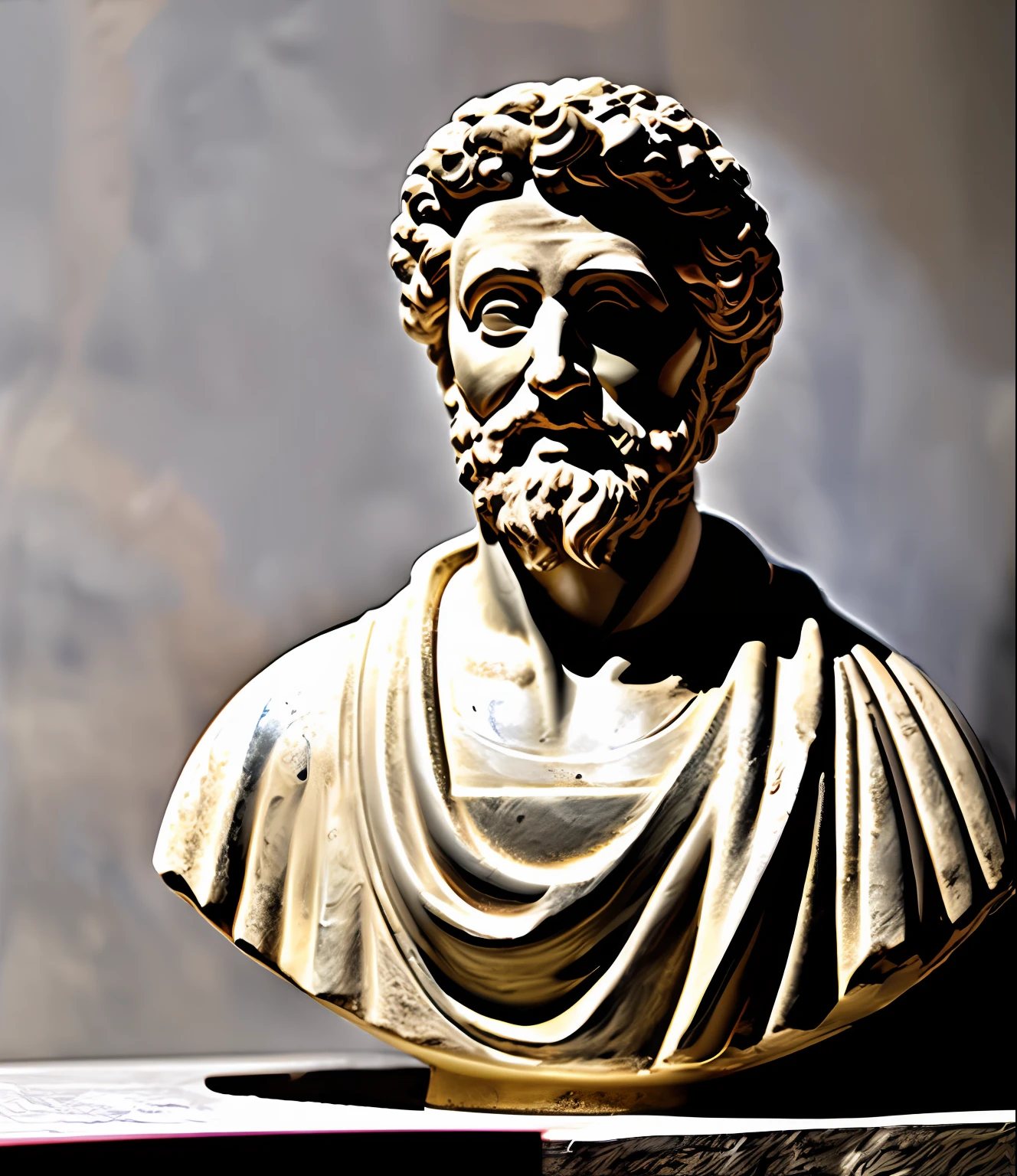 construa maquete, professional marble bust sculpture of the philosopher and Roman emperor Marcus Aurelius, primorosamente decorado, Medium plan, (fundo preto: 1.3), extramente detalhado, Epic light and shadow, cinematografia, muito contraste e detalhes, identico