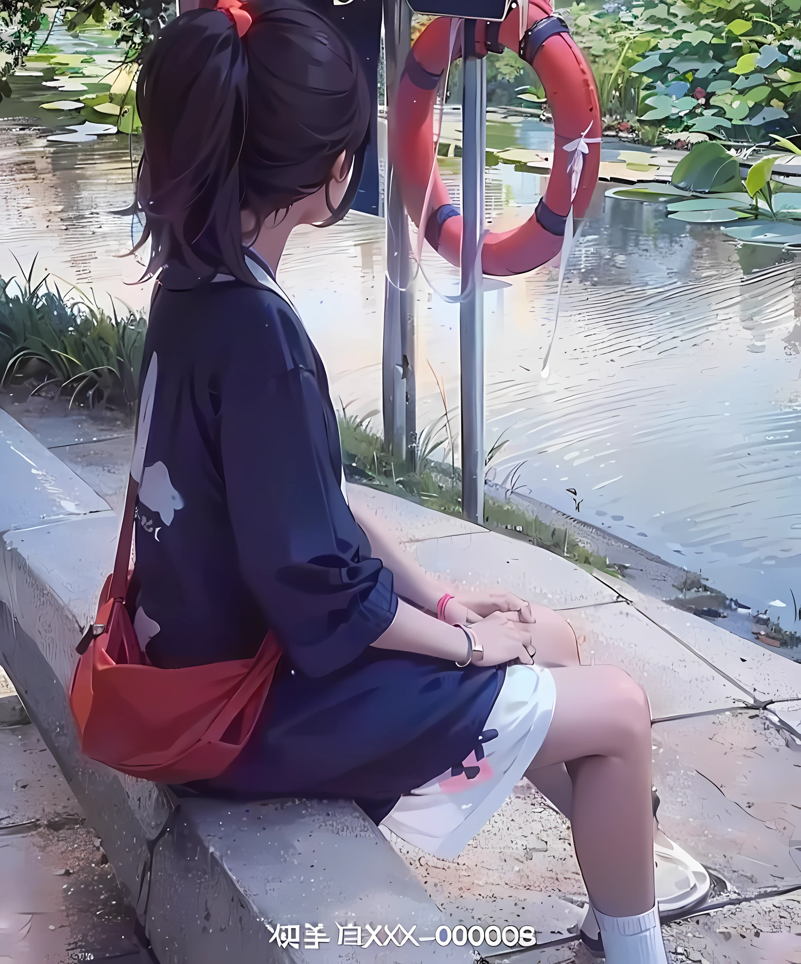 There was a girl sitting on a bench by the water, sitting at a pond, wearing a fisher 🧥, sentado em frente a um lago, 😭 🤮 💕 🎀, In Park,lakeside, 🪔 🎨;🌞🌄, sittinng on the river, at park, photoshoot, She is seen wearing streetwear pieces, gazing at the water