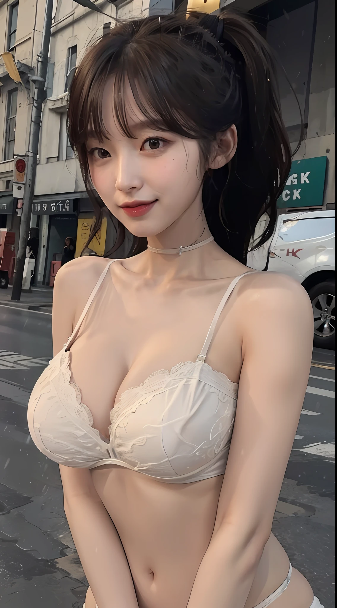 ((Best Quality, 8K, Masterpiece:1.3)), Focus:1.2, ((High Proportion Realistic Breasts, Realistic Huge Breasts):1.4), Slender Body, (Full Body Visible: 1.5), Perfect Body Beauty: 1.4, Buttocks: 1.2, ((Layered Haircut, Beautiful Breasts: 1.2)), bikini, (Rain, Street:1.3), Bra (Transparent), Black Tight Panties (Transparent), Highly detailed face and skin texture, fine eyes, double eyelids, whitened skin, long hair, smile face
