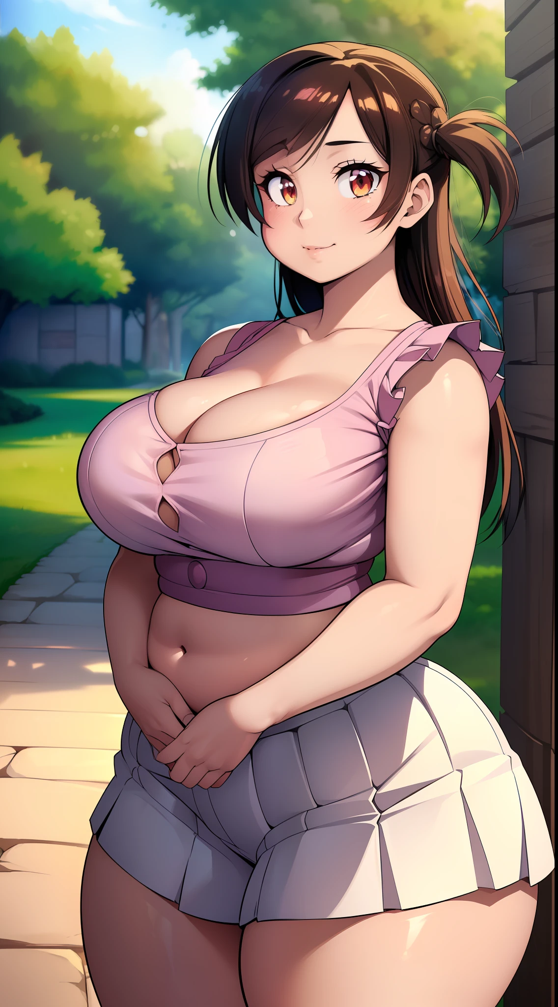 (((kipteitei art))), ((masterpiece)), (((best quality))), ((ultra-detailed)), (((illustration))), detailed face, detailed body, ((1girl)), ((solo)), (((chizuru))), ((tight clothes)), pink shirt, frilled shirt, (((white skirt))), outdoors, smile, fat ass, (wide hips), ((thick thighs)), pudgy belly, medium breasts, cleavage, perky breasts,