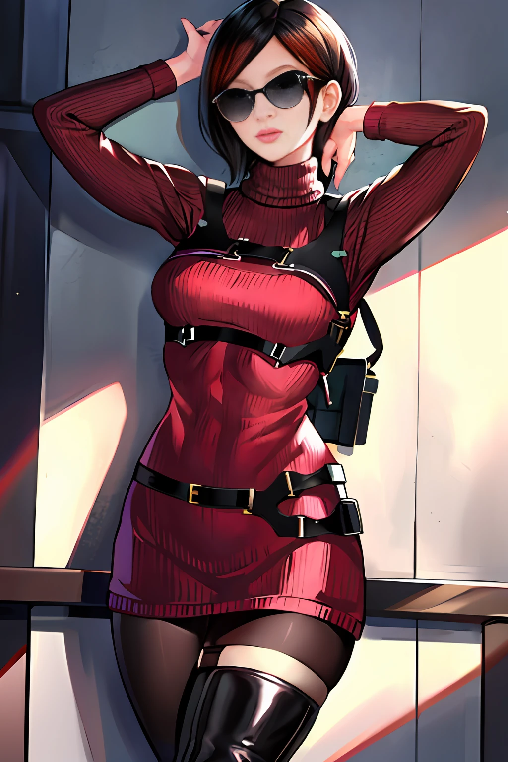 1girl, RE4, sweater dress, turtleneck, ribbed sweater, thigh high boots, pantyhose, harness, best quality, masterpiece, highres