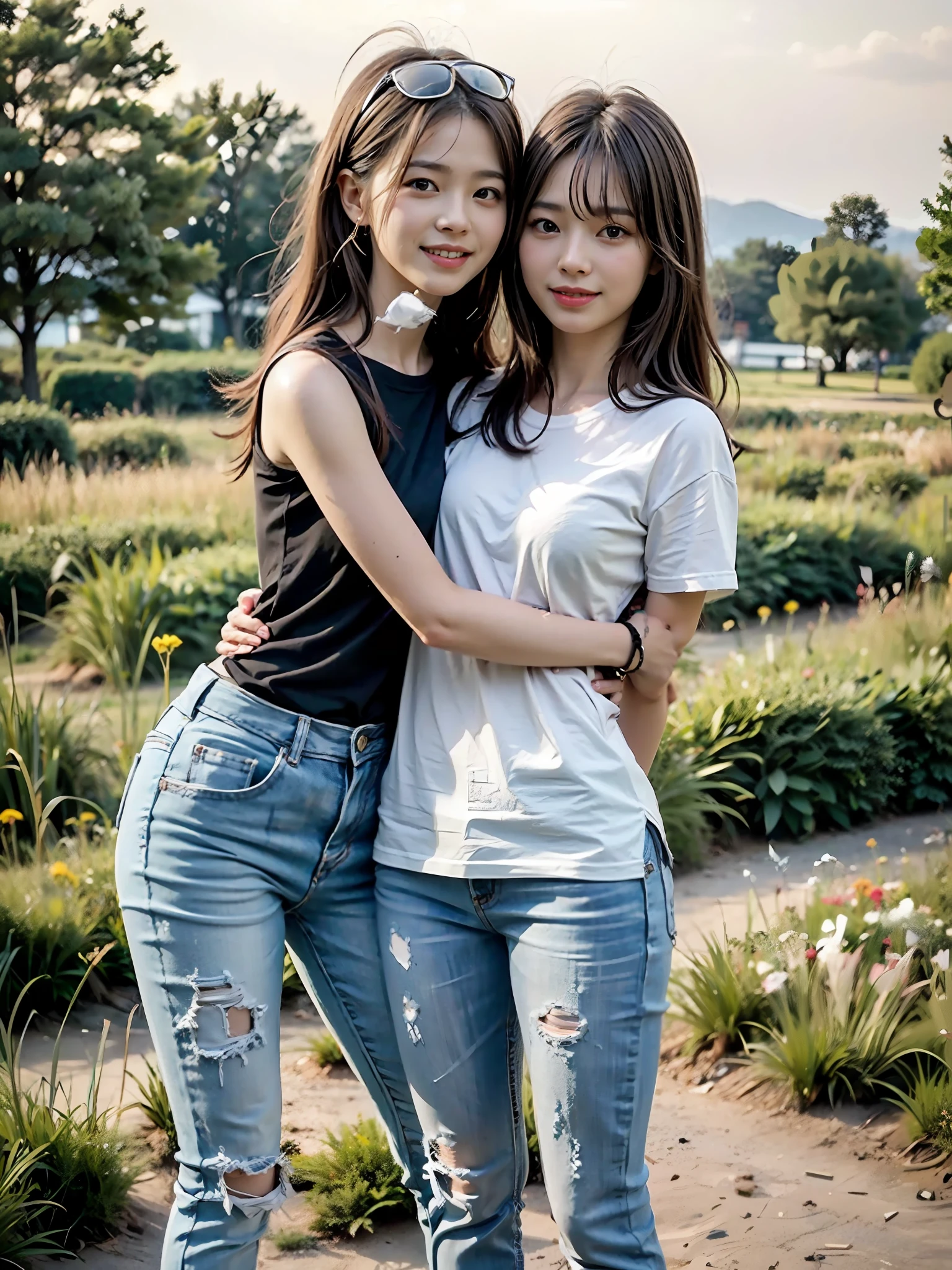 （best qualtiy：1.4），Complicated details，2 20 year old Korean girls，Wear a loose black T-shirt and skinny jeans，Stand on the grass and take pictures，hugs，Intimate relationships，Detailed meadow，A sweet smile on a small face，Ultra-realistic facial details，Playful and coquettish pose，The calves are straight and slender:1.2，Wear high-end brand sneakers:1.0，eventide：0.3，Broad lighting，naturalshadow：1.0，fully body photo:1.8