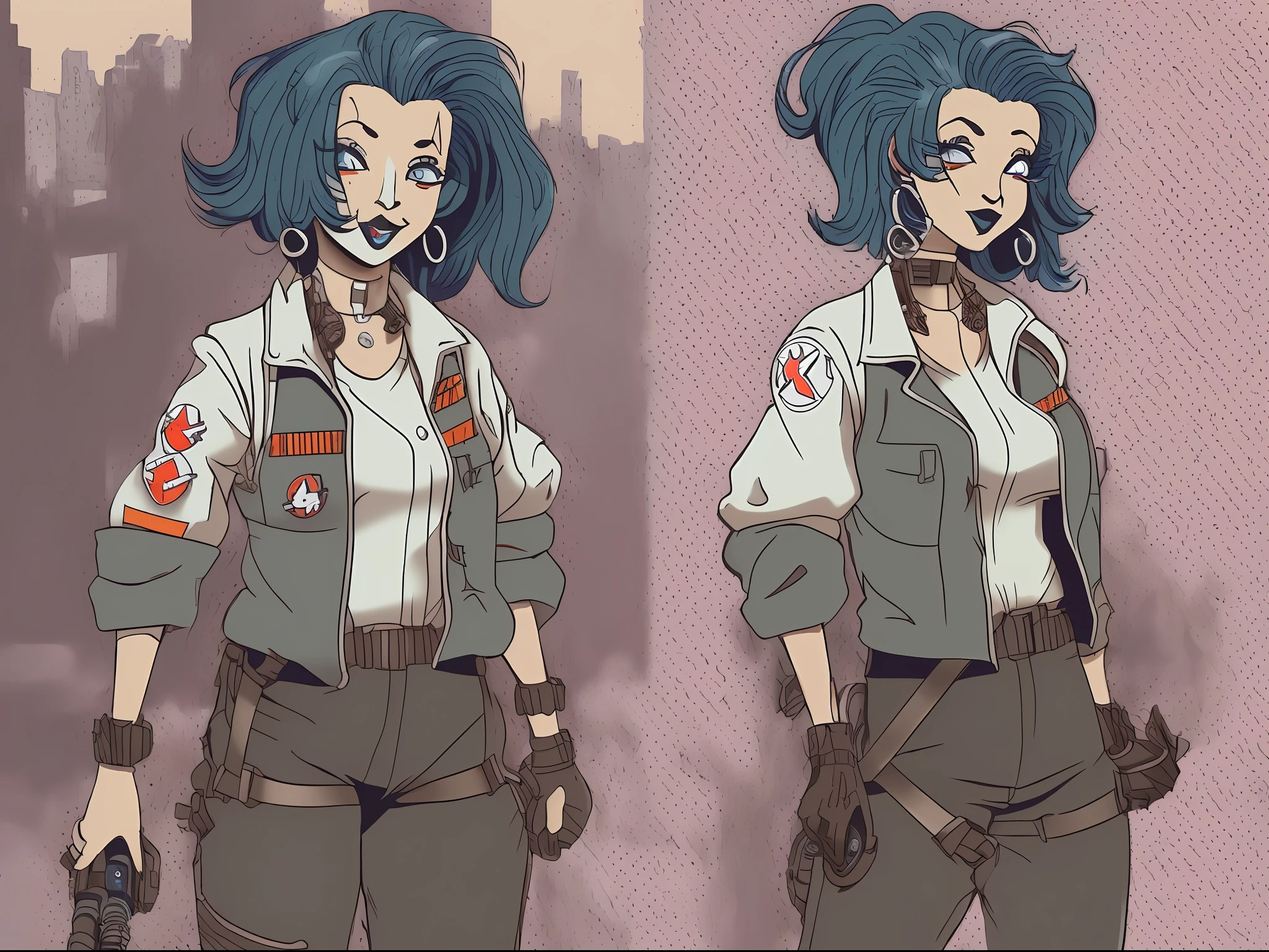 (masterpiece), best quality, expressive eyes, perfect face, ((Kylie Griffin from Extreme Ghostbusters cartoon)), ((Kylie Griffin)), (pale skin, eyeshadow, goth makeup), with monster ghost, ghost small short , ((ghost, (ghostbusters), ((ghostbusters patch on shoulder)), slender figure, (slim fit legs), small breasts, protruding, orange shoulder pads, proton pack on back, full body, (ahegao), very messy dark blue hair medium length, (dark blue lipstick), ankh earrings, proton gun, (brown kneepads, black steeltoe boots, black latex bike shorts), random suggestive pose, cameltoe, delight expression