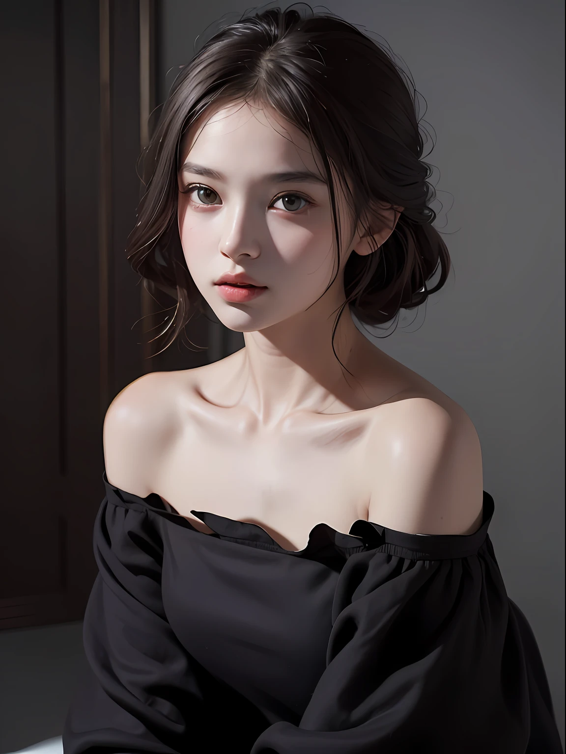 Best Quality, Masterpiece, Ultra High Resolution, (Photorealistic: 1.4), Raw Photo, 2 Offshoulder Children, In Dark, Deep Shadow, Low Key, Cold Light