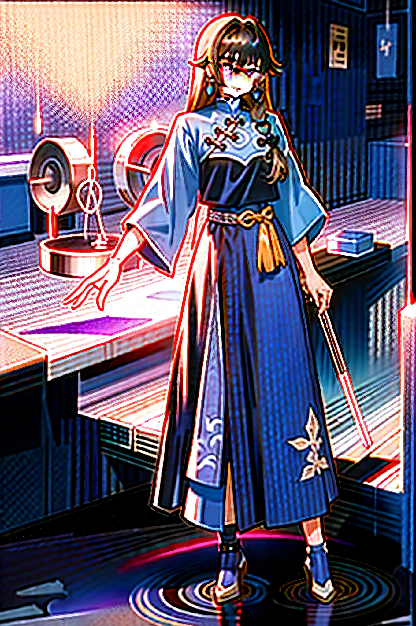 Qi bangs, Long straight hair, tear-mole, Purple pupils, long eyelasher, Blue-purple cheongsam, Black heels, Relatively mature, Silver crossed earrings, Finger chains, anime big breast