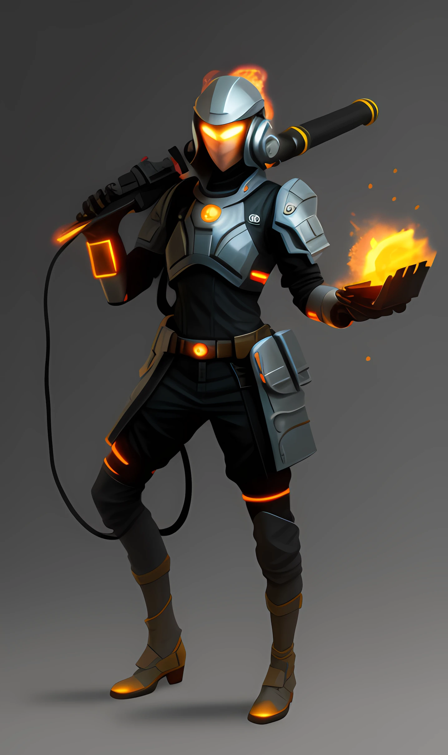 cyborg woman with metal legs in the form of chicken paws with a Flamethrower in one hand and a cosmic egg in her other hand, full body concept, star finder character, dystopian sci-fi character, sci-fi character, detailed full body concept, sci-fi character concept, finished concept art, star finder style, concept character, sci-fi character, video game character concept, new costume concept design