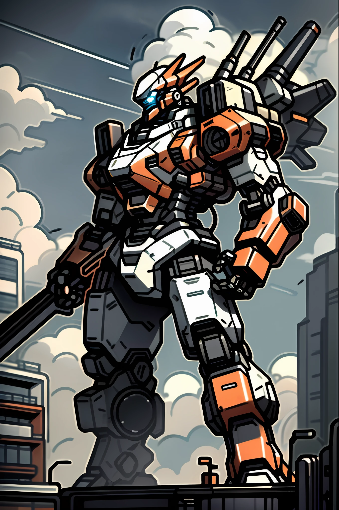 sky, cloud, holding_weapon, no_humans, glowing, , robot, building, glowing_eyes, mecha, science_fiction, city, realistic,black mecha