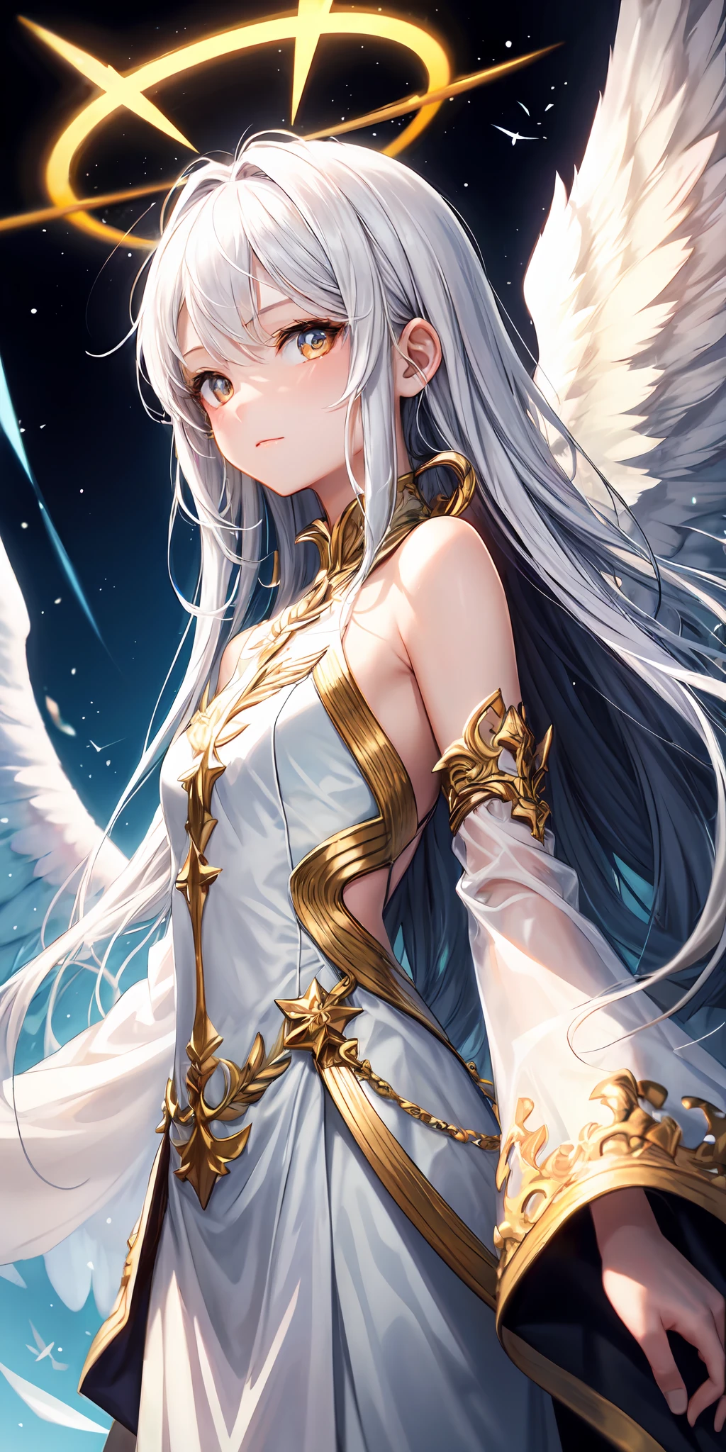 ****, illustration,heaven background, 1girl, white hair, golden eyes, long hair, halo, angel wings, serene expression, looking at viewer