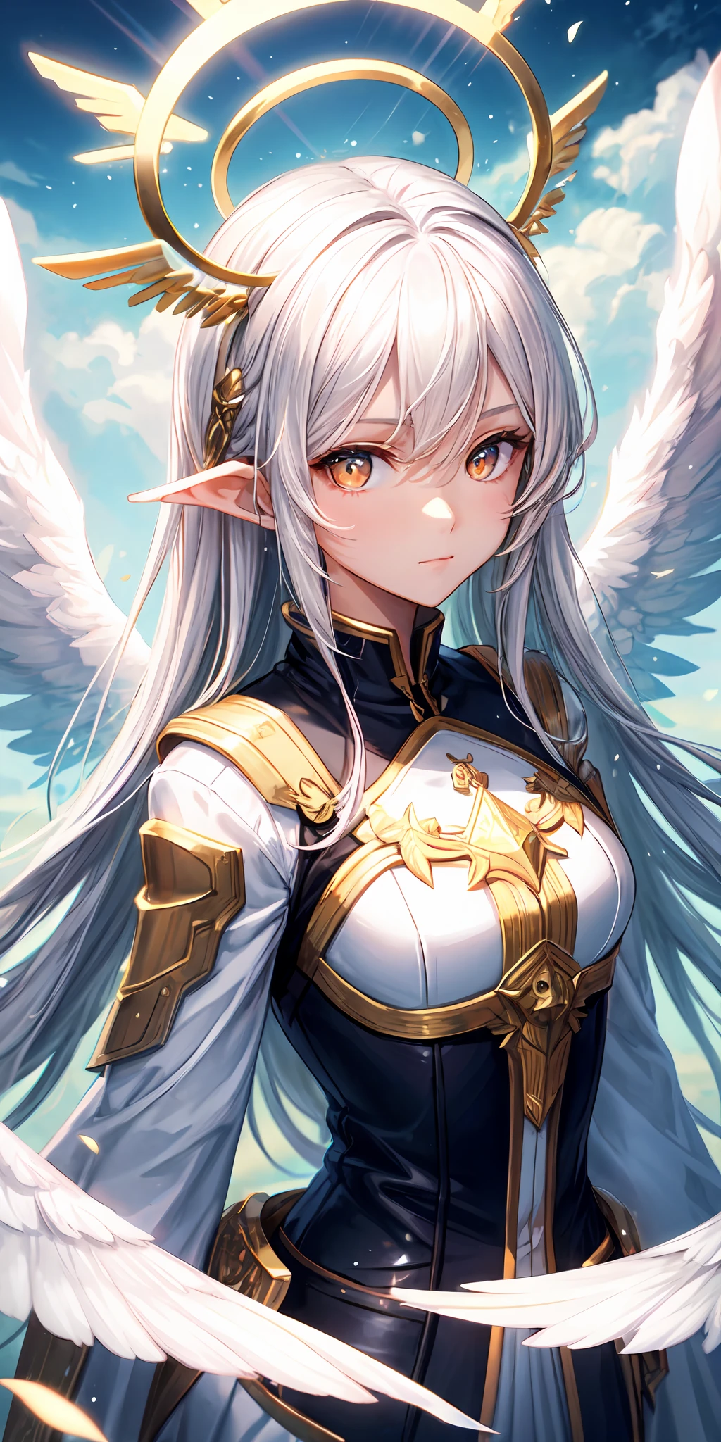 ****, illustration,heaven background, 1girl, white hair, golden eyes, long hair, halo, angel wings, serene expression, looking at viewer