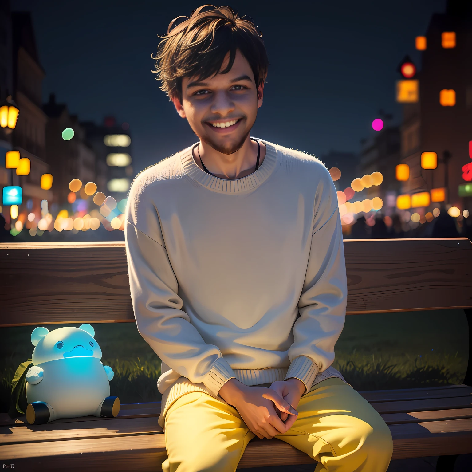 RAW photo, absurdres, high quality, vector realistic, bioluminescence light,1boy, happy joyful expression, looking at viewer, sweater, sitting, short hair, beard, outdoors, night, park bench, 8k uhd, oil painting