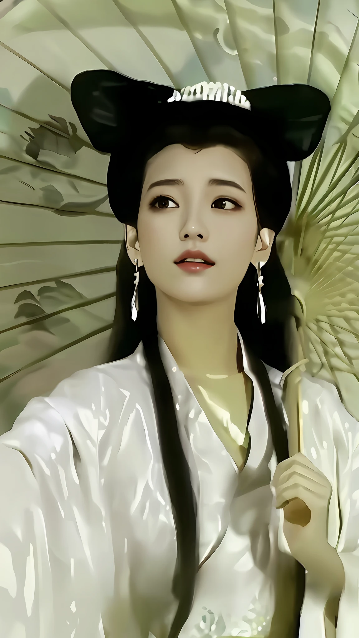 Arad woman in white dress holding parasol, inspired by Chen Yifei, inspired by Du Qiong, ancient chinese beauti, Inspired by Qiu Ying, Princesa chinesa antiga, Inspired by Lan Ying, inspired by Wu Bin, inspired by Zhang Yan, inspired by Yun Du-seo, inspired by Zhang Yin, heise-lian yan fang, gong li