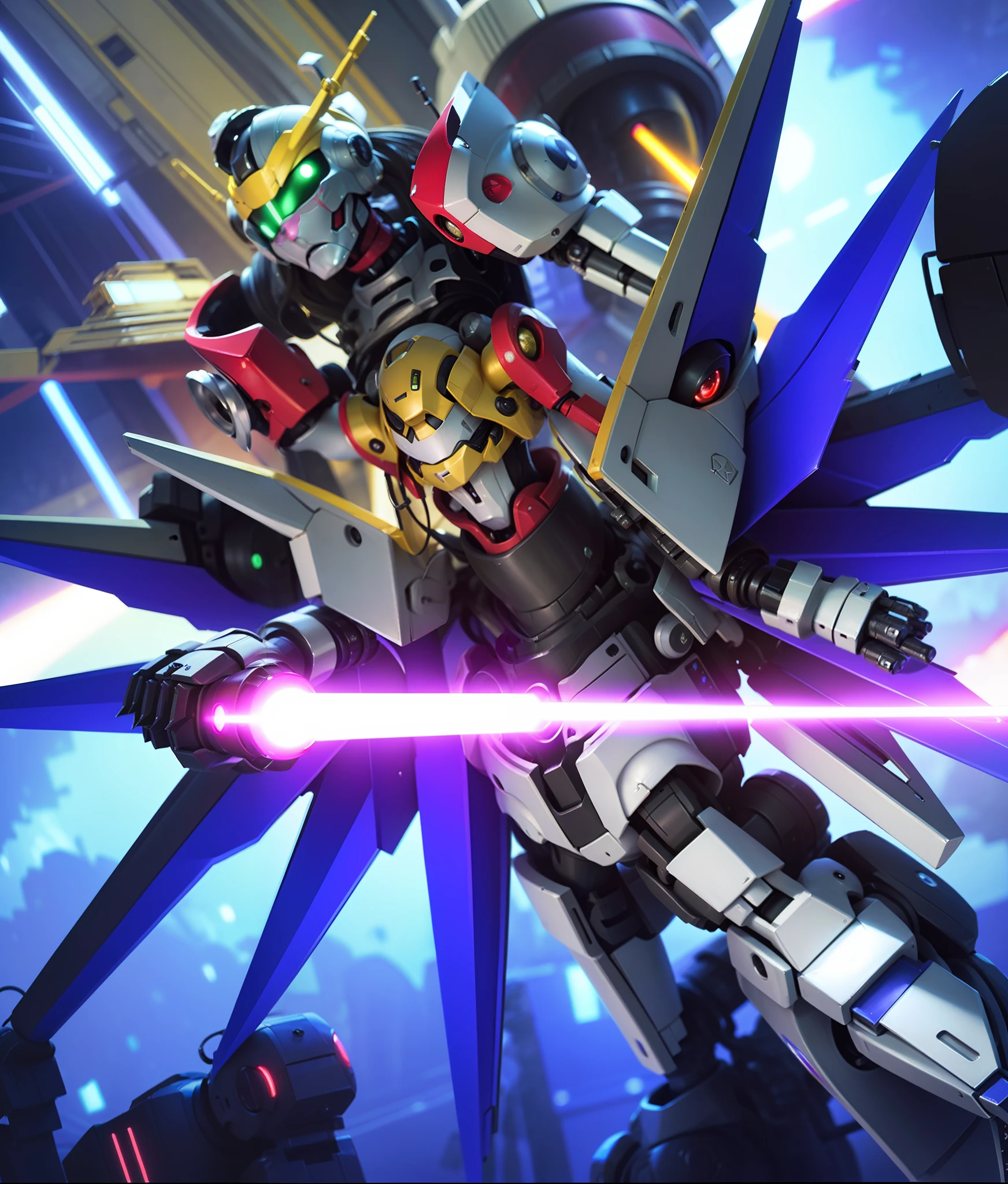 Best quality, masterpiece, ultra high res, (photorealistic:1.4) 2 robots, detailed 2 robots, light saber, light eyes 2 robots, two kinds of robots, two different robots, two separate robots, one robot above, one robot below, detailed 2 head robots, detailed 2 body robots, detailed 2 face robots, flying robots