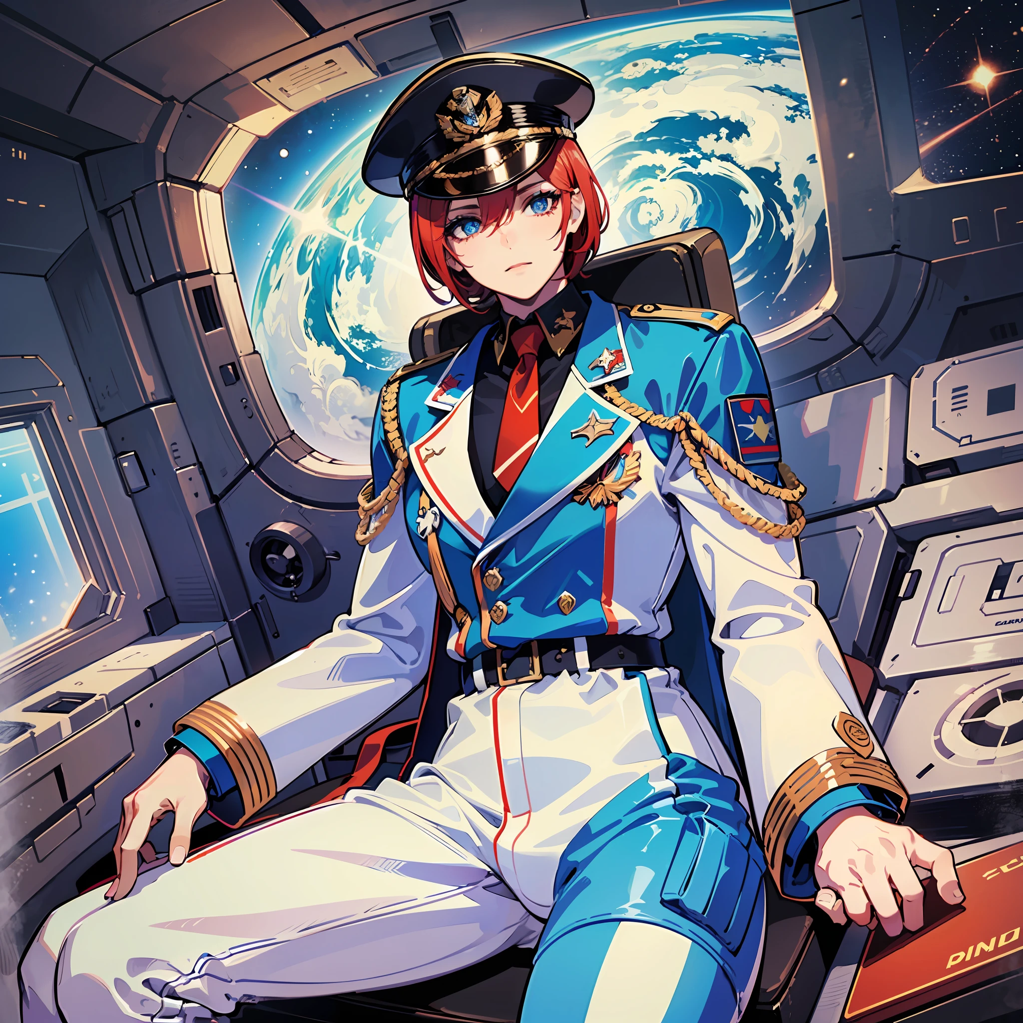 ((Masterpiece)), ((Highest Image Quality)), ((Best Quality)), (Illustration of One Girl), Full Body, 25 Years Old, Short Red Hair, (Thin Hair on Both Sides of Face), Blue Eyes, (((Tall)), ((Muscular Strong Body)), ((Manspreading)), Open Legs, (((Military Uniform)), (Military Hat)), (Military Coat)), (White Clothes), (White Pants), (White Hat), Trench Coat, ((Inside the spaceship, sitting in the captain's seat)), (outside the window, space, Earth seen from space, spaceport)