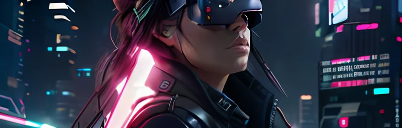 A woman in a black jacket and VR glasses stands in front of a futuristic factory，VR games，cyberpunk atmosphere，cyberpunk atmosphere，Go deep into the metaverse where we go，There is a cyberpunk style，Cyberpunk themed，In Cyberpunk 2077，cyberpunk futuristic，Cyberpunk future，synthetic wave，wearing cyberpunk streetwear，Futuristic cyberpunk，Cyberpunk technology，Retro cyberpunk，Estilo Synthwave