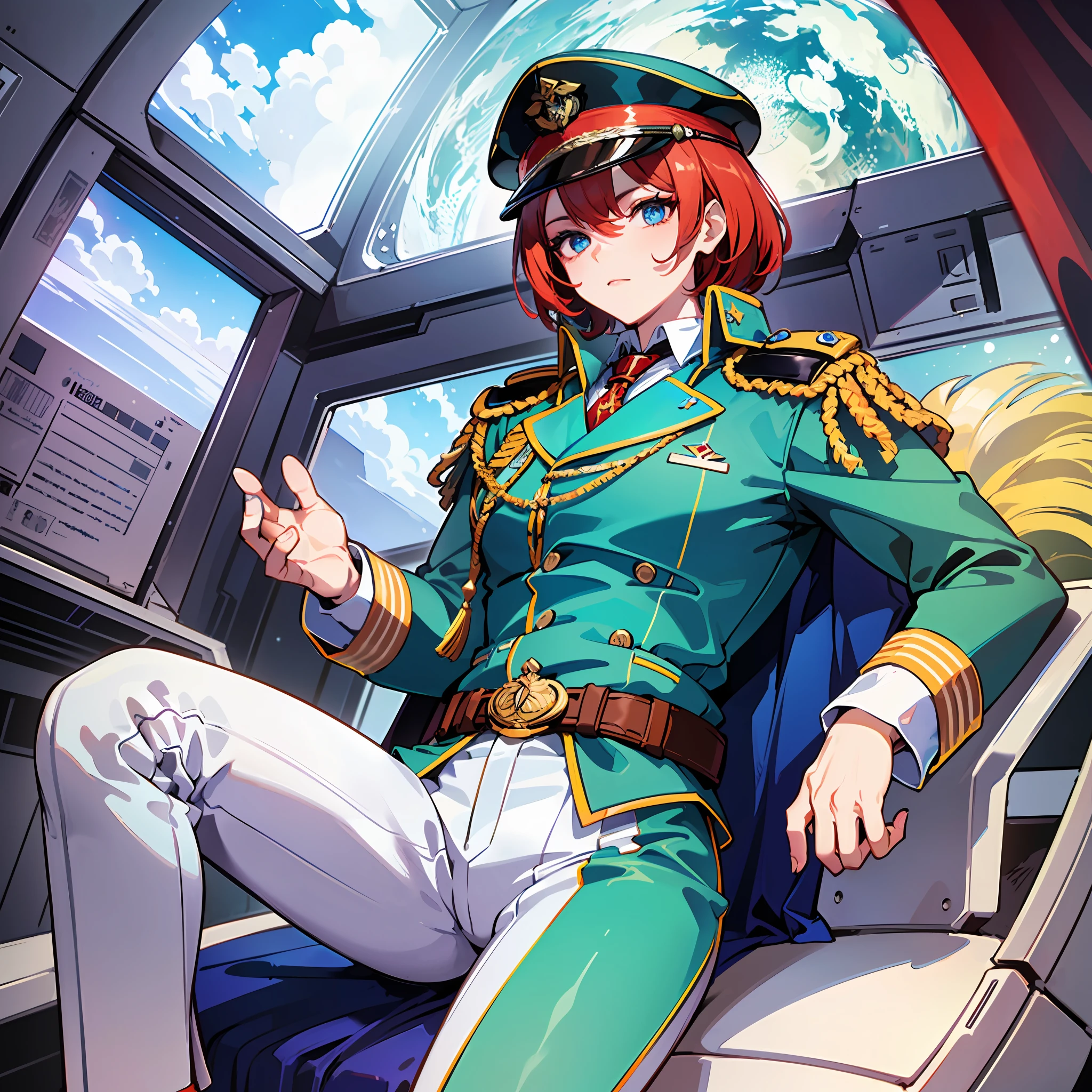 ((Masterpiece)), ((Highest Image Quality)), ((Best Quality)), (Illustration of One Girl), Full Body, 25 Years Old, Short Red Hair, (Thin Hair on Both Sides of Face), Blue Eyes, (((Tall)), ((Muscular Strong Body)), ((Manspreading)), Open Legs, (((Military Uniform)), (Military Hat)), (Military Coat)), (White Clothes), (White Pants), (White Hat), Trench Coat, ((Inside the spaceship, sitting in the captain's seat)), (outside the window, space, Earth seen from space, spaceport)