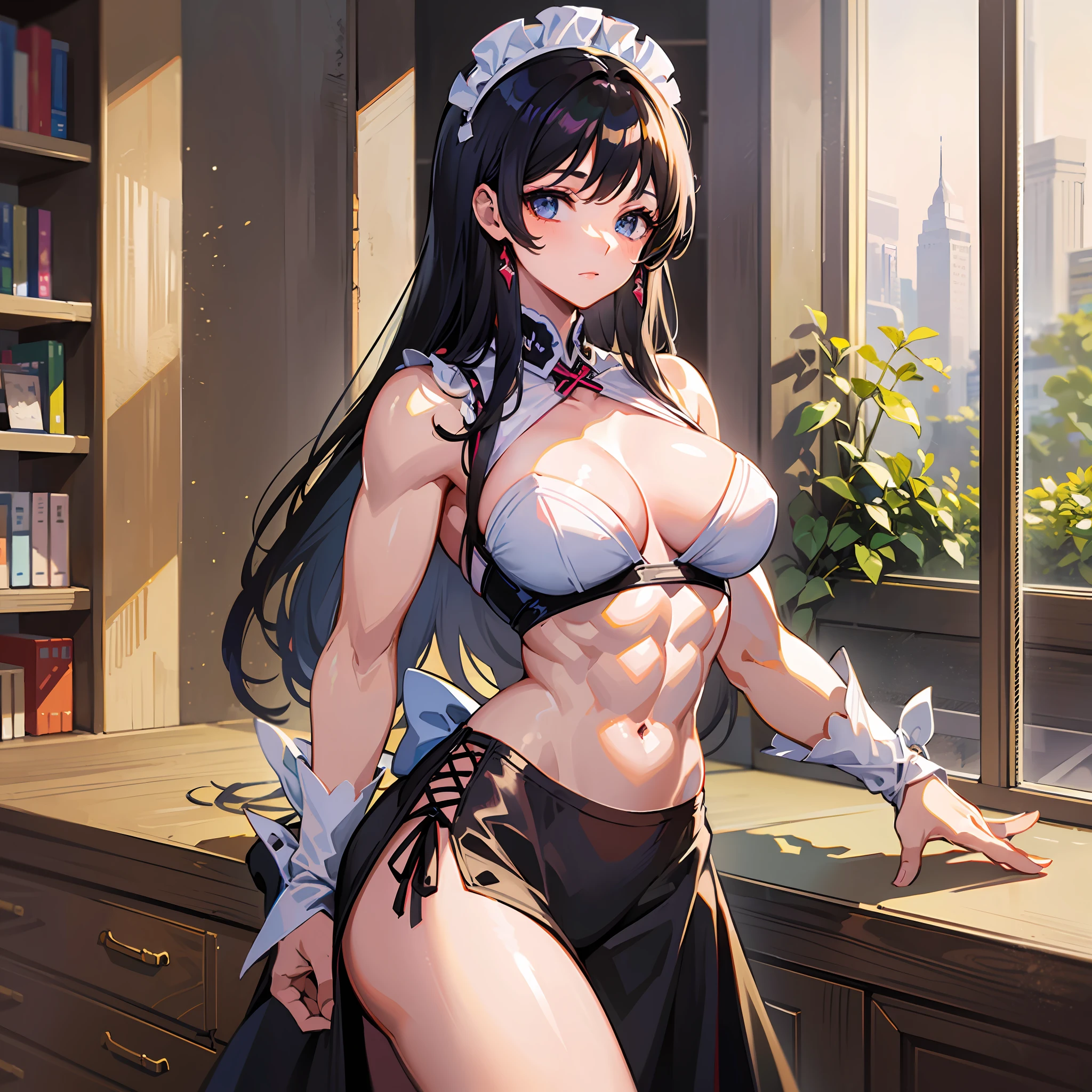 ((Masterpiece)), ((Best Quality)), ((Best Quality)), (Illustration of one girl), Long black hair, tall, muscular strong body, abs, muscular and thick arms, Maid clothes, indoor