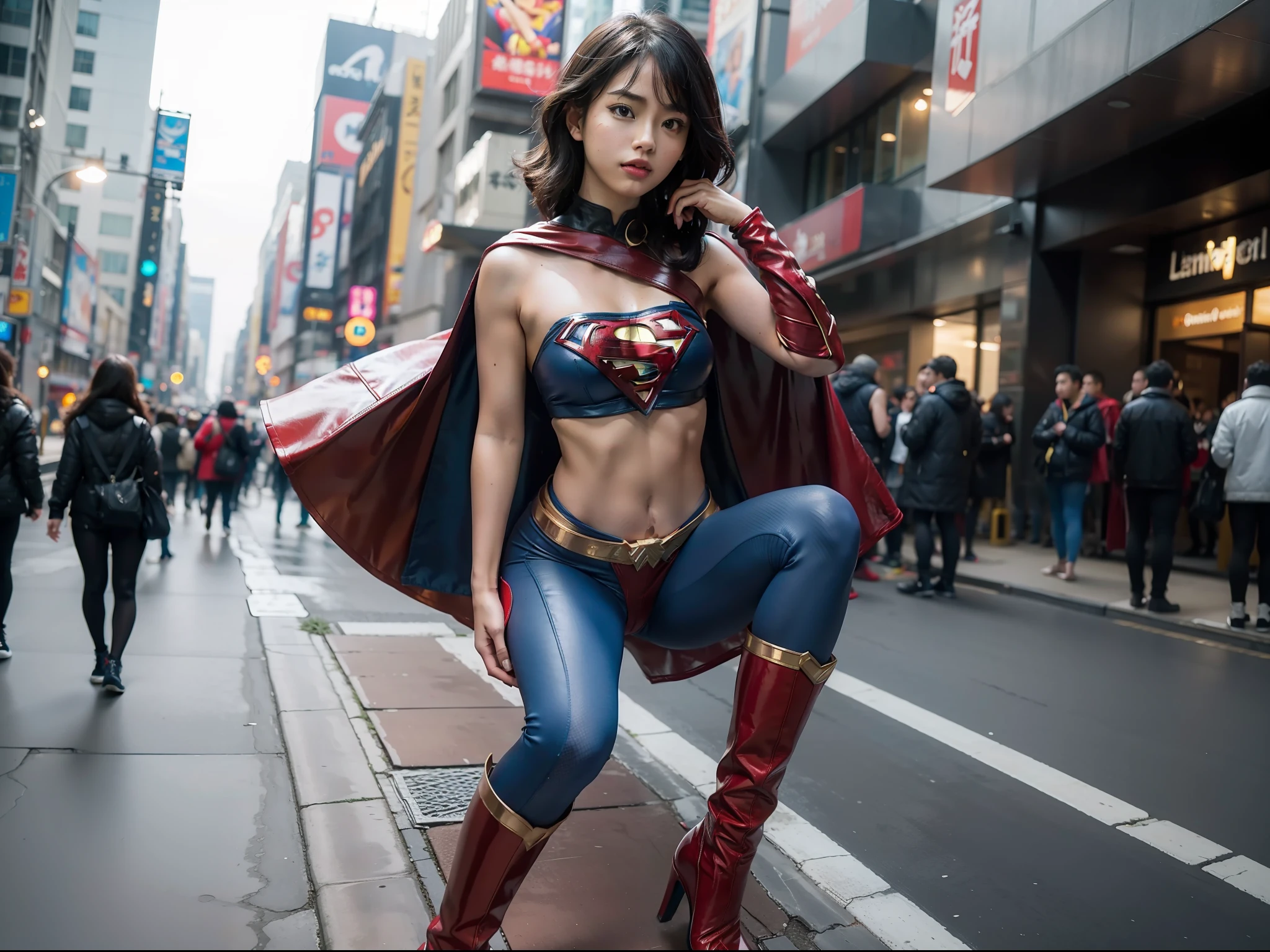 Extremely beautiful， RAW photogr， Cinematic lighting effects，A high resolution, 1 girl in a superhero costume,20yr old, Extremely detailed eye clarity ，Detailed skins，Realistic skin texture，Real skin texture，Highly Detailed Face and Skin Textur，Loose hair，A coquettish expression，Small head,Bigchest，broad shoulder，Small round buttocks，No navel,Small head, Slim legs,Long curly black hair，Wear a close-fitting Super Girl bandeau sleeveless jumpsuit, Sexy tights,Super girl boots, Leather material,Super Girl Golden Crown, Red and blue mixed color scheme，Superman logo on chest， Red cape,The girl is on the left side of the picture,Construction of the subway platform on the right，akihabara，Beautiful and detailed background，真实感：1.3，ambient lights：1，Ultra photo realsisim， Photo realism，Real human photos，High-quality photos,Hyperrealistic,cinmatic lighting，Kodak Visual Color，Add noise:0.2, Standard 3D perspective,Deep depth of field,super-hero girl, full bodyesbian,Seductive pose:1.5,Provocative expressions:1.7,dynamicposes：1.2，（crowd of：0.8），