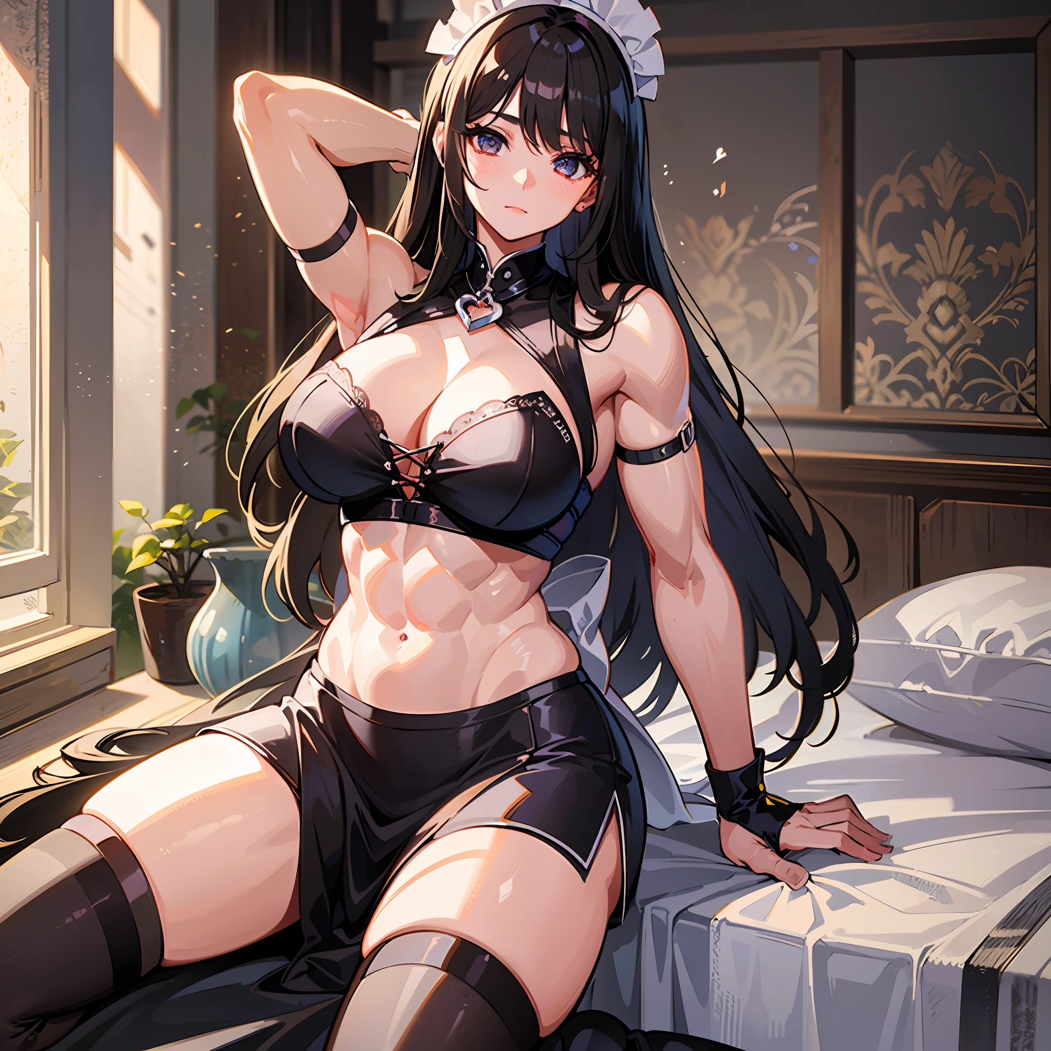 ((Masterpiece)), ((Best Quality)), ((Best Quality)), (Illustration of one girl), Long black hair, tall, muscular strong body, abs, muscular and thick arms, Maid clothes, indoor